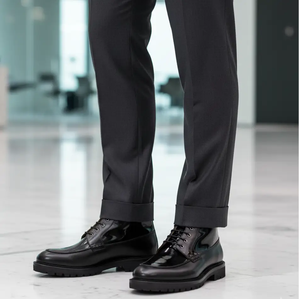 Black patent leather lace-up oxford shoes with a chunky rubber sole.