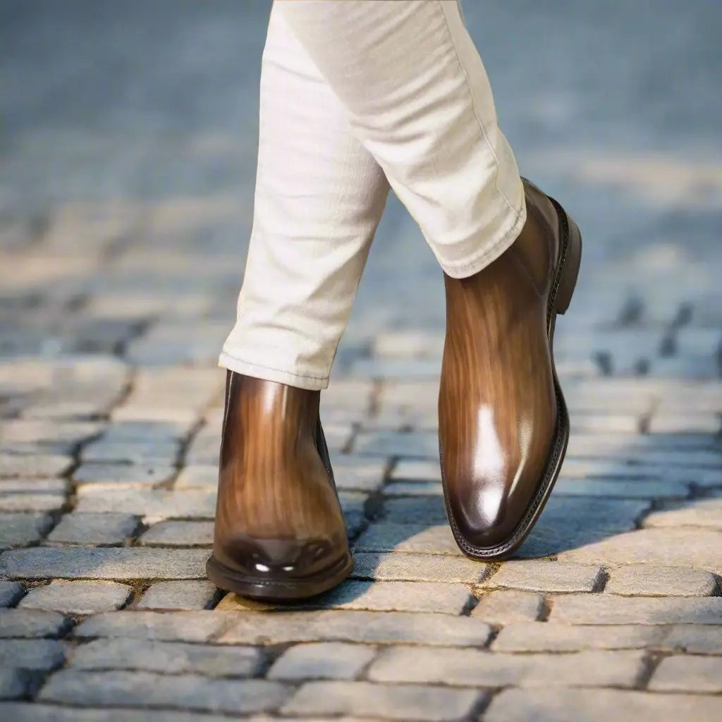 Brown leather Chelsea boots.