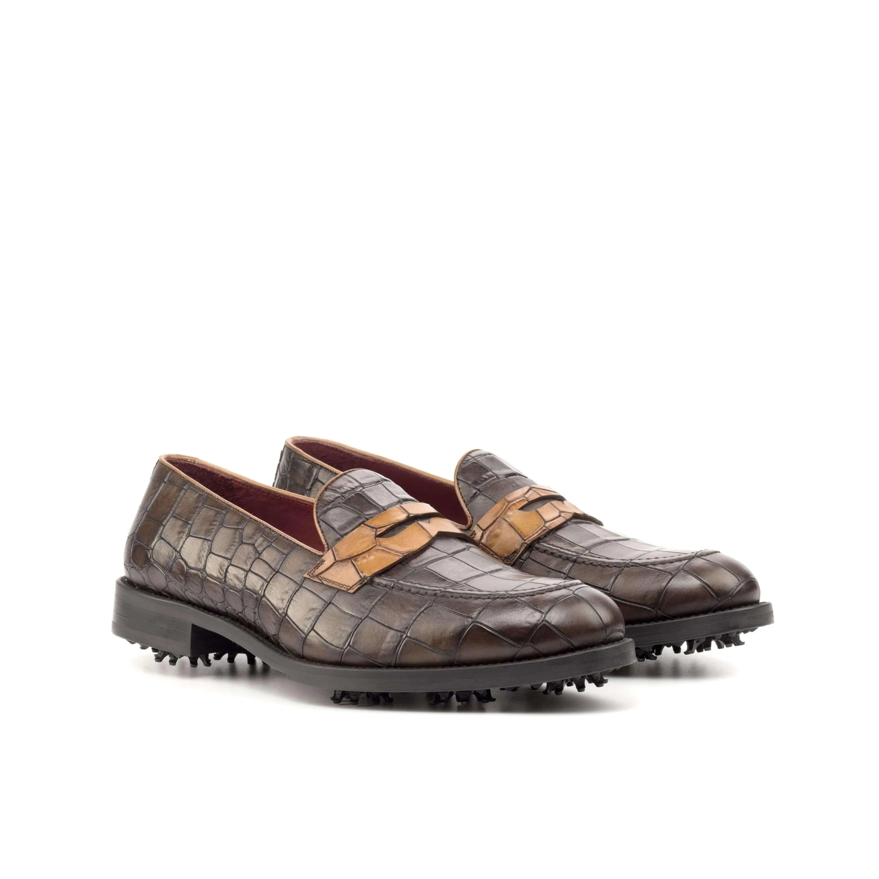 Brown leather 1918 loafer golf shoes with med brown painted croco