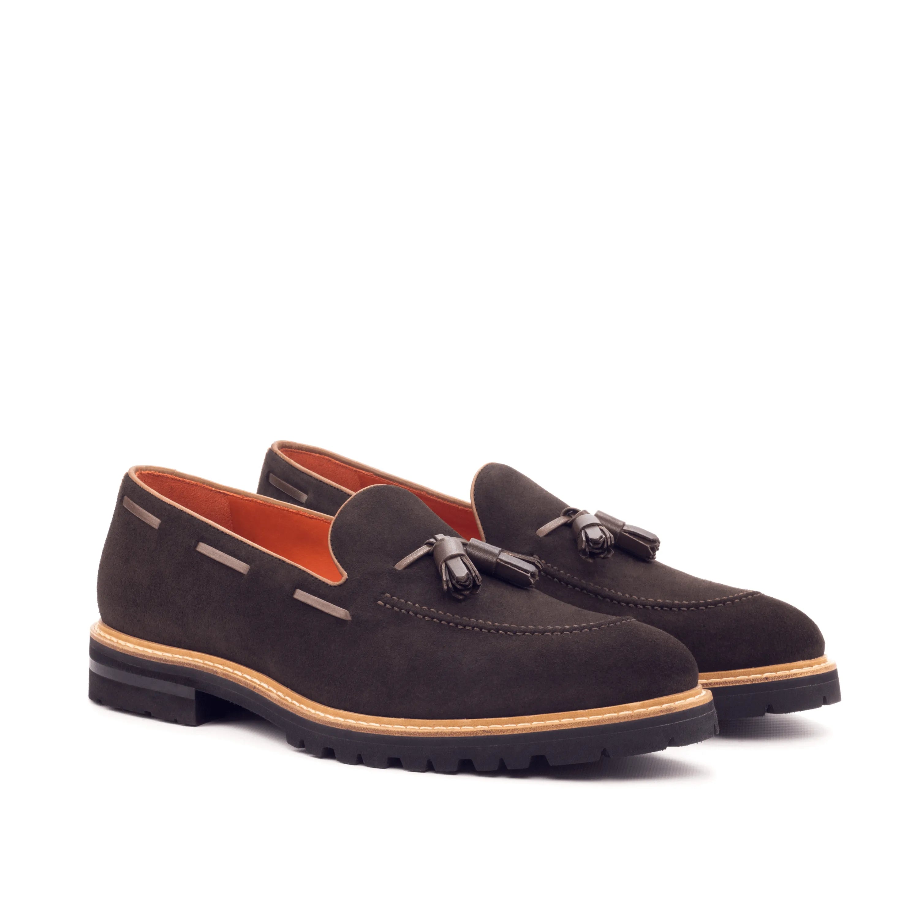Brown suede tassel Achilles loafers, luxury bespoke shoes for men