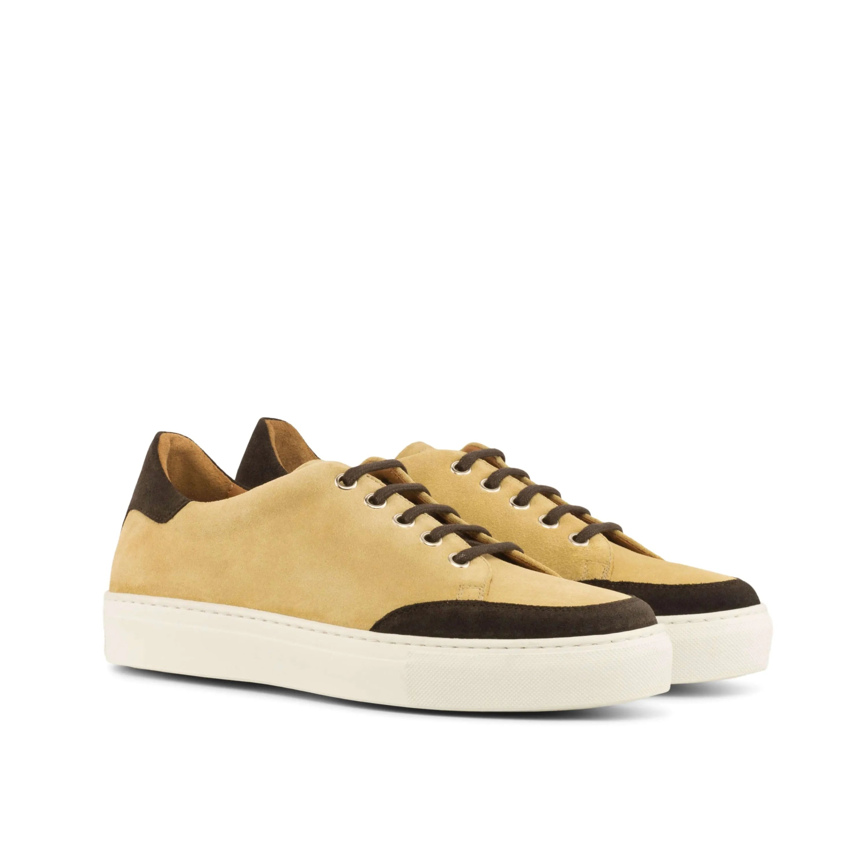 Adrianas ladies tennis sneaker in tan lux suede with brown accents