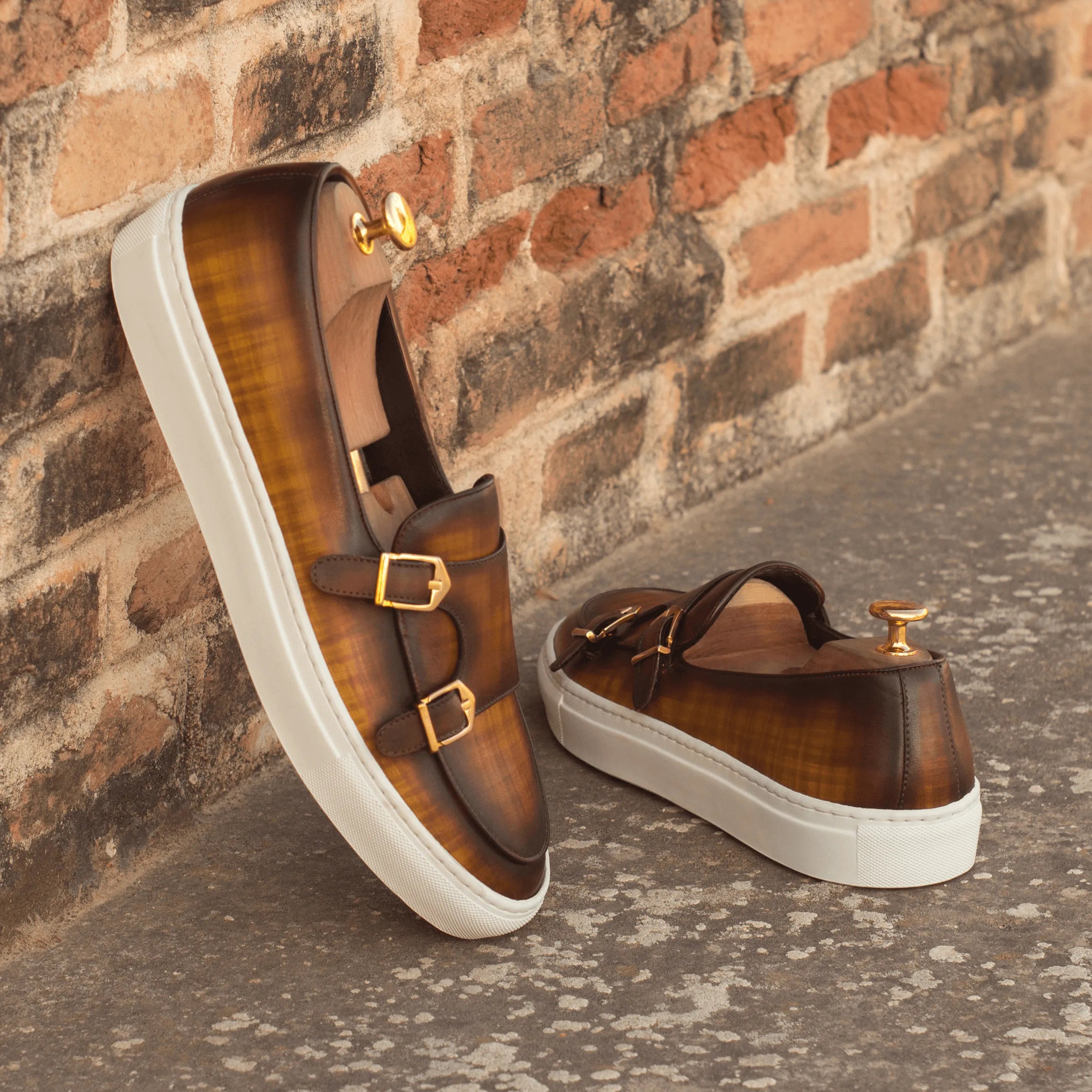 Aelred patina monk sneaker in brown leather monk strap design