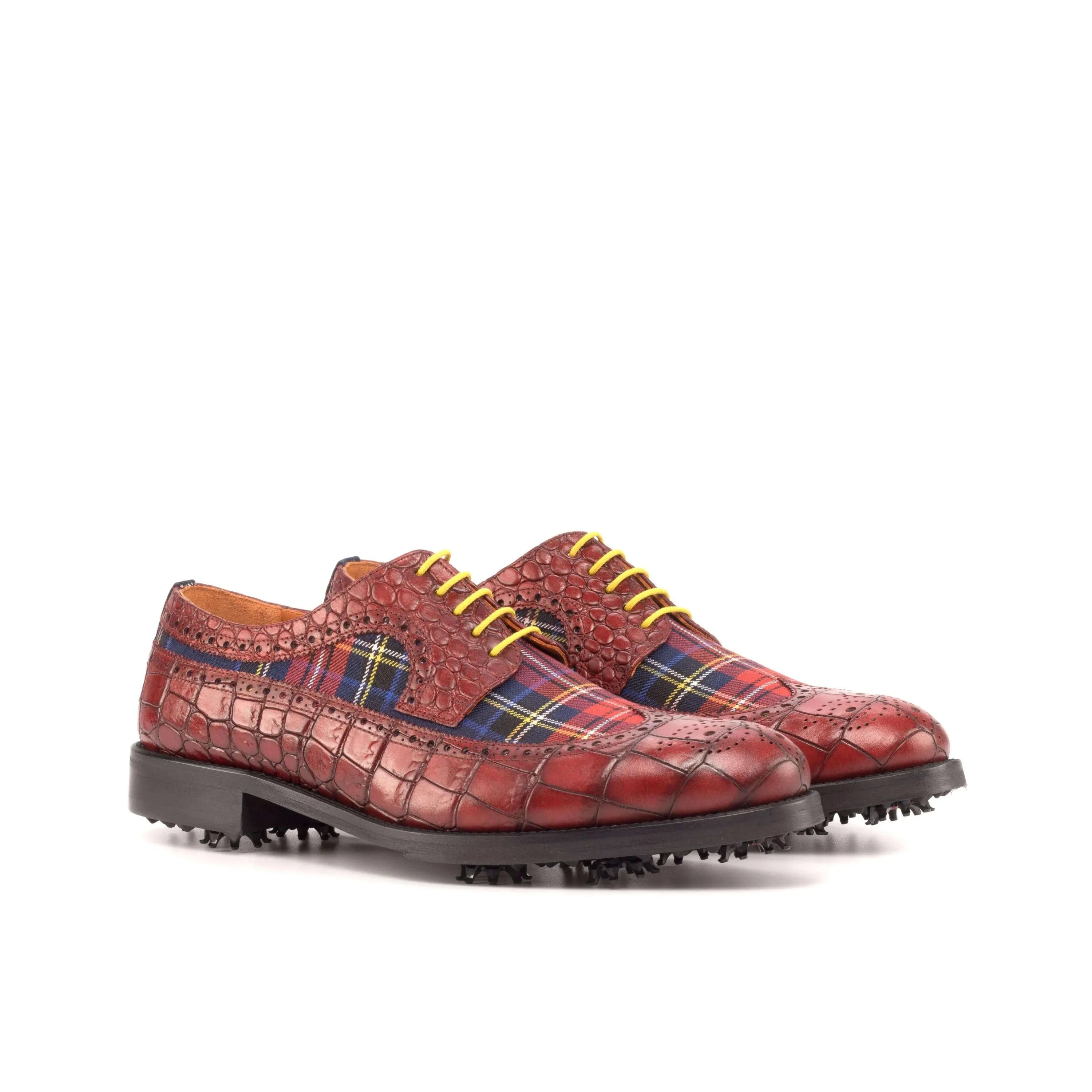 Red plaid Aldorado longwing blucher golf shoes back view