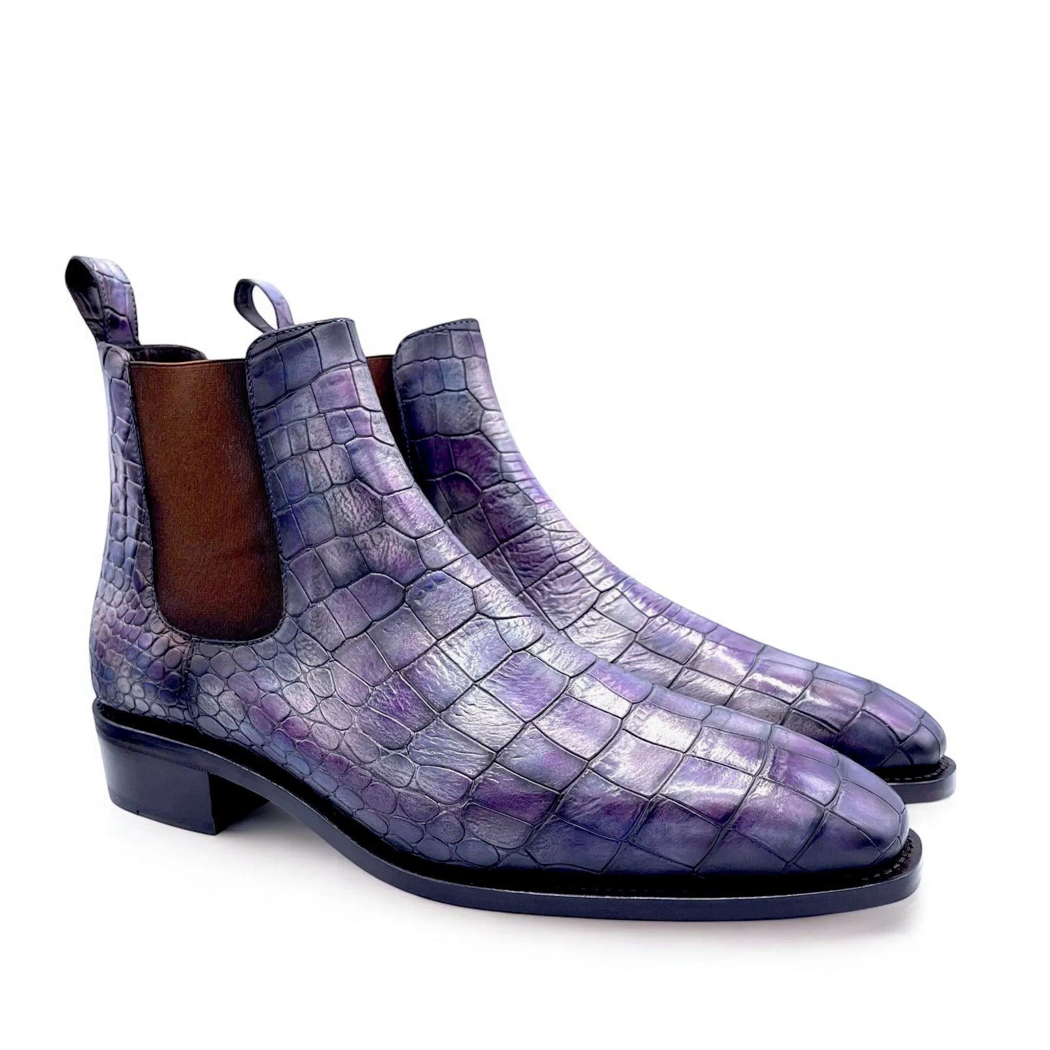 Alexandrio Patina Chelsea boots in purple crocodile pattern