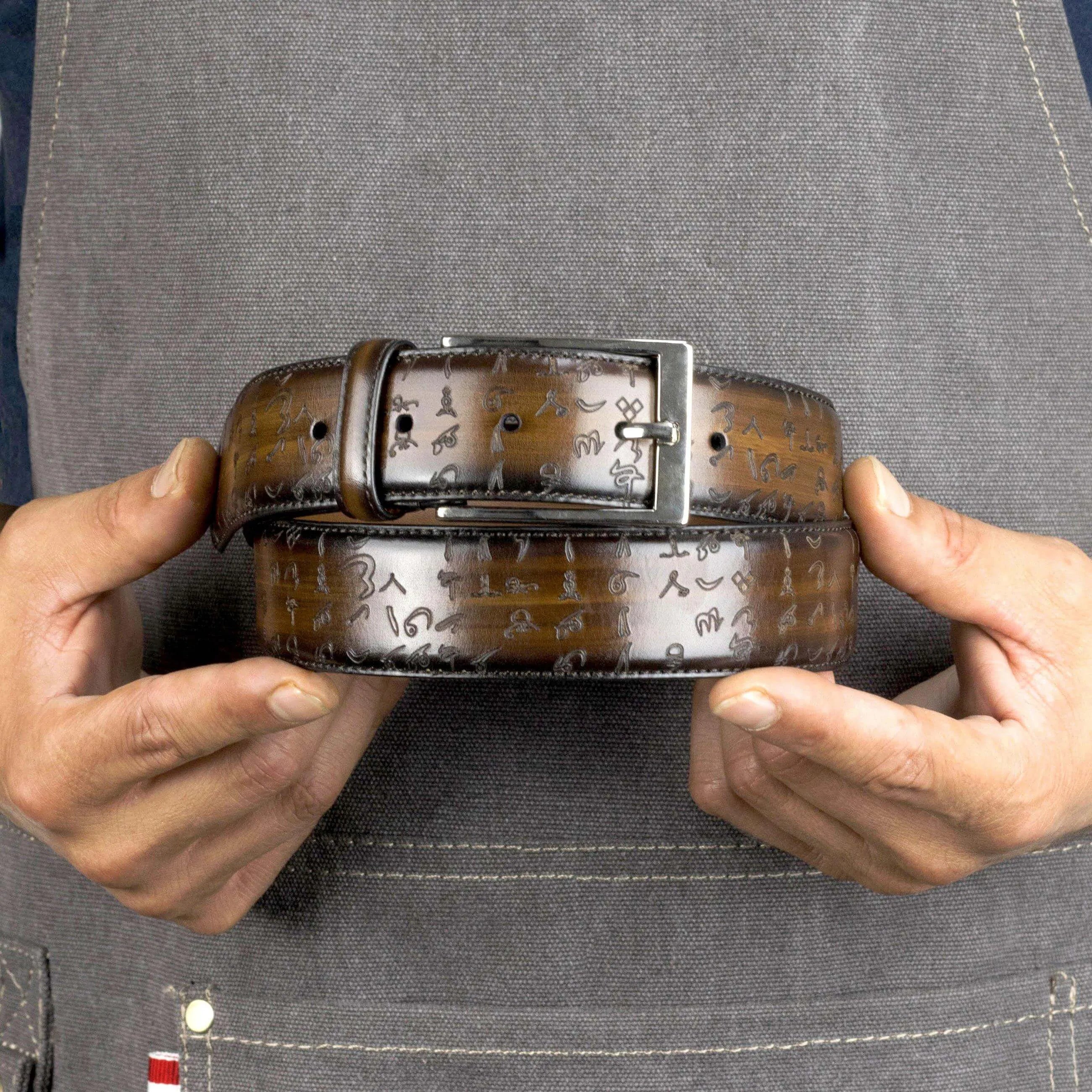 Arabic matrix patina Hamptons belt with brown leather and silver buckle