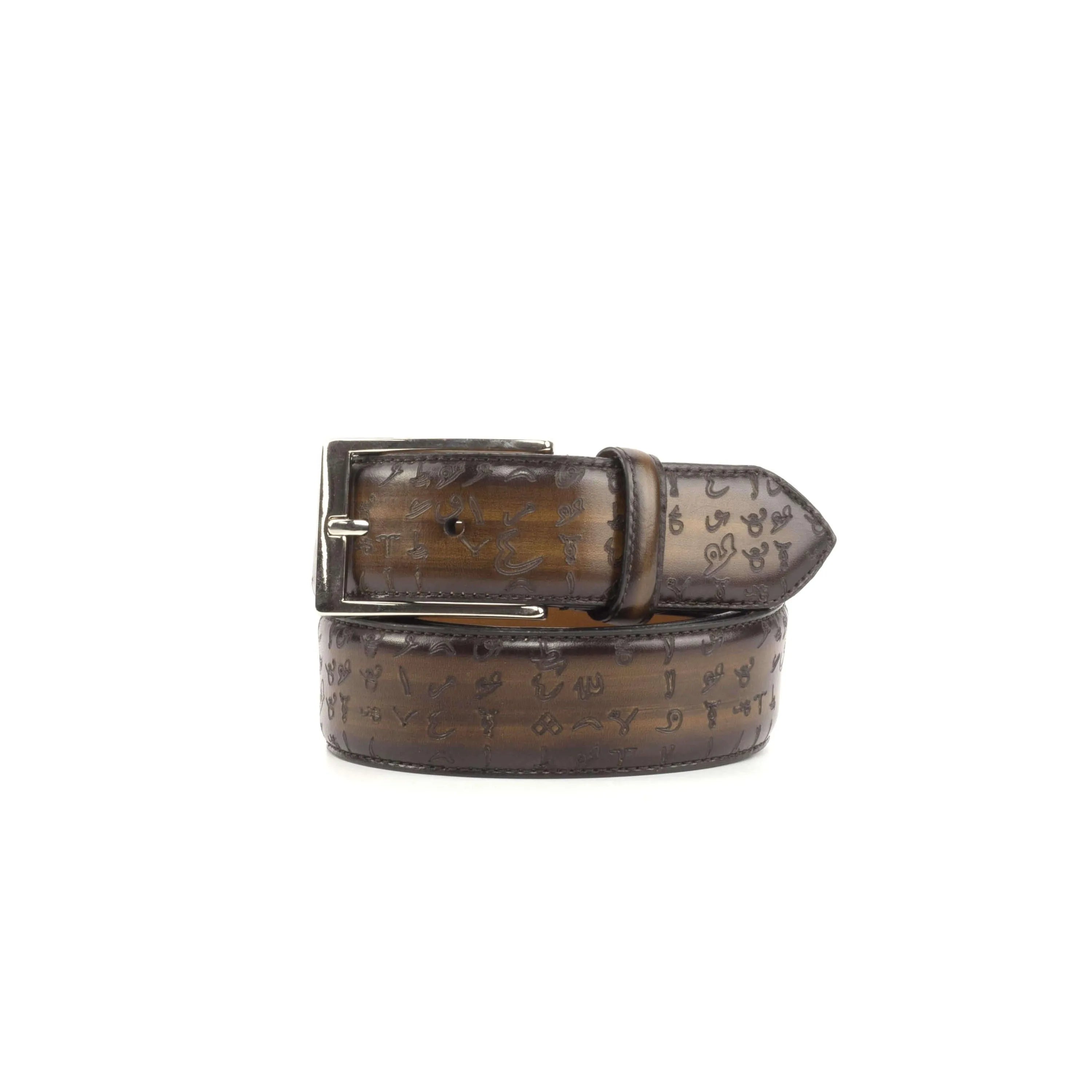 Brown leather Arabic matrix patina Hamptons belt II with silver buckle