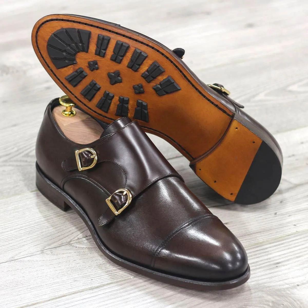 Bako double monk shoes in brown leather with patina finish