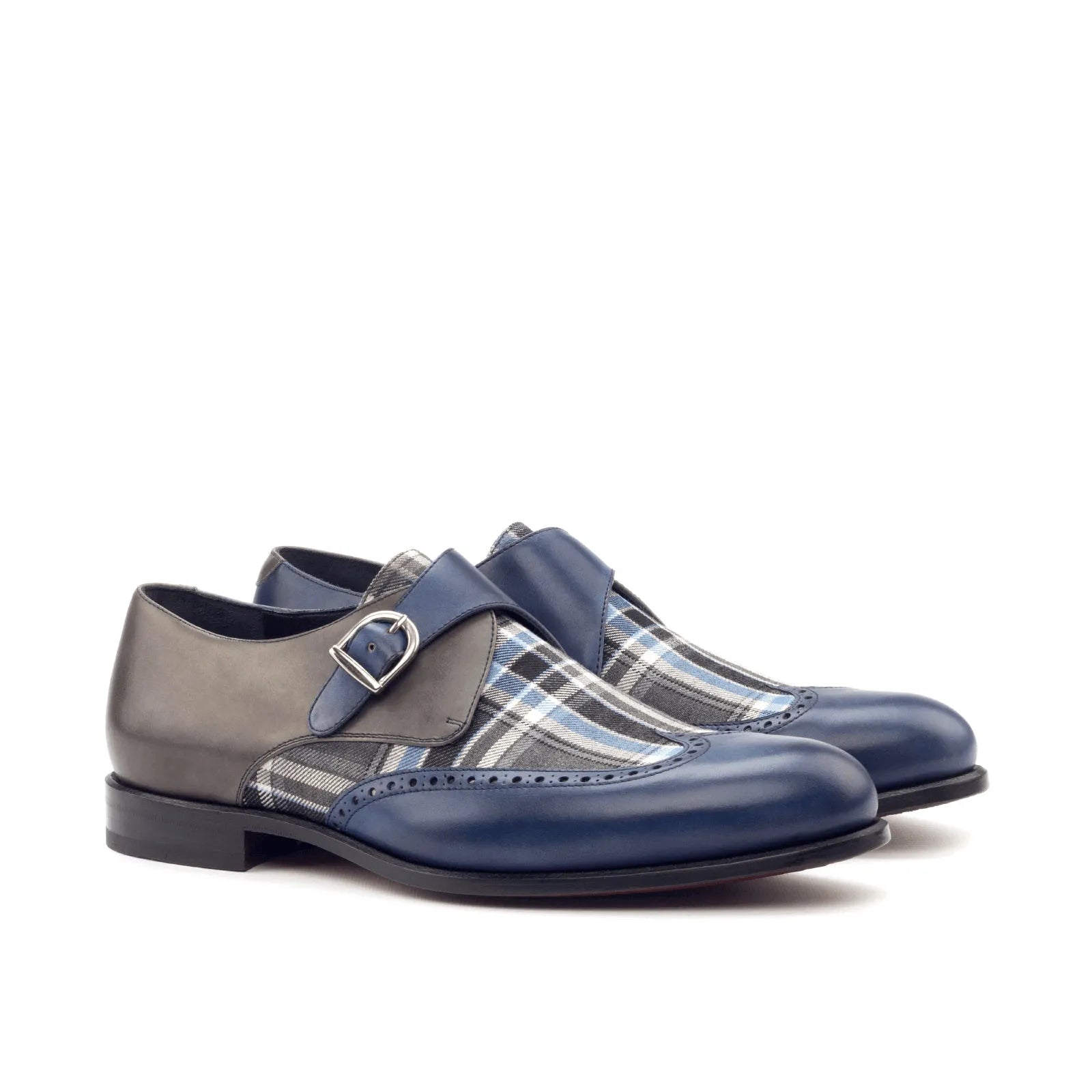 Benz single monk blue plaid monk strap shoes