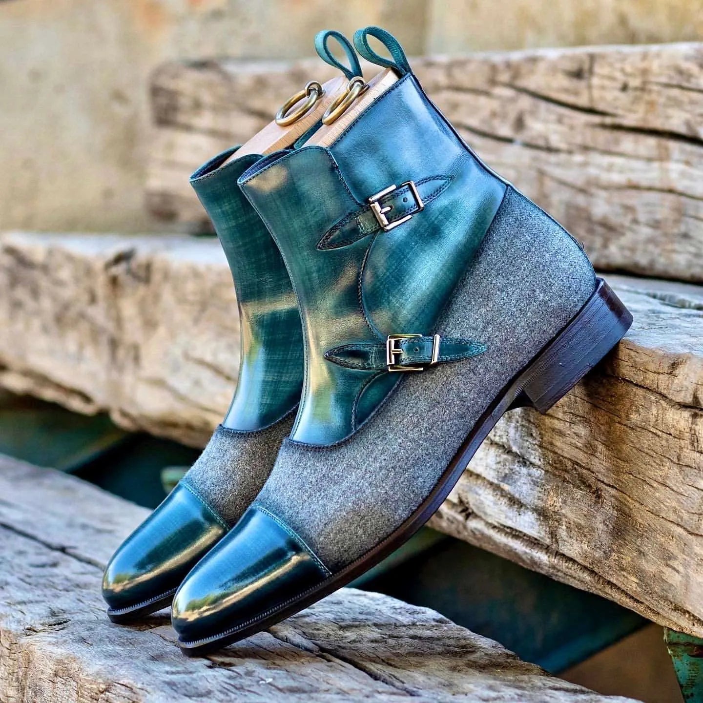 Biagio Octavian Patina boots in two-tone leather and wool monk strap design