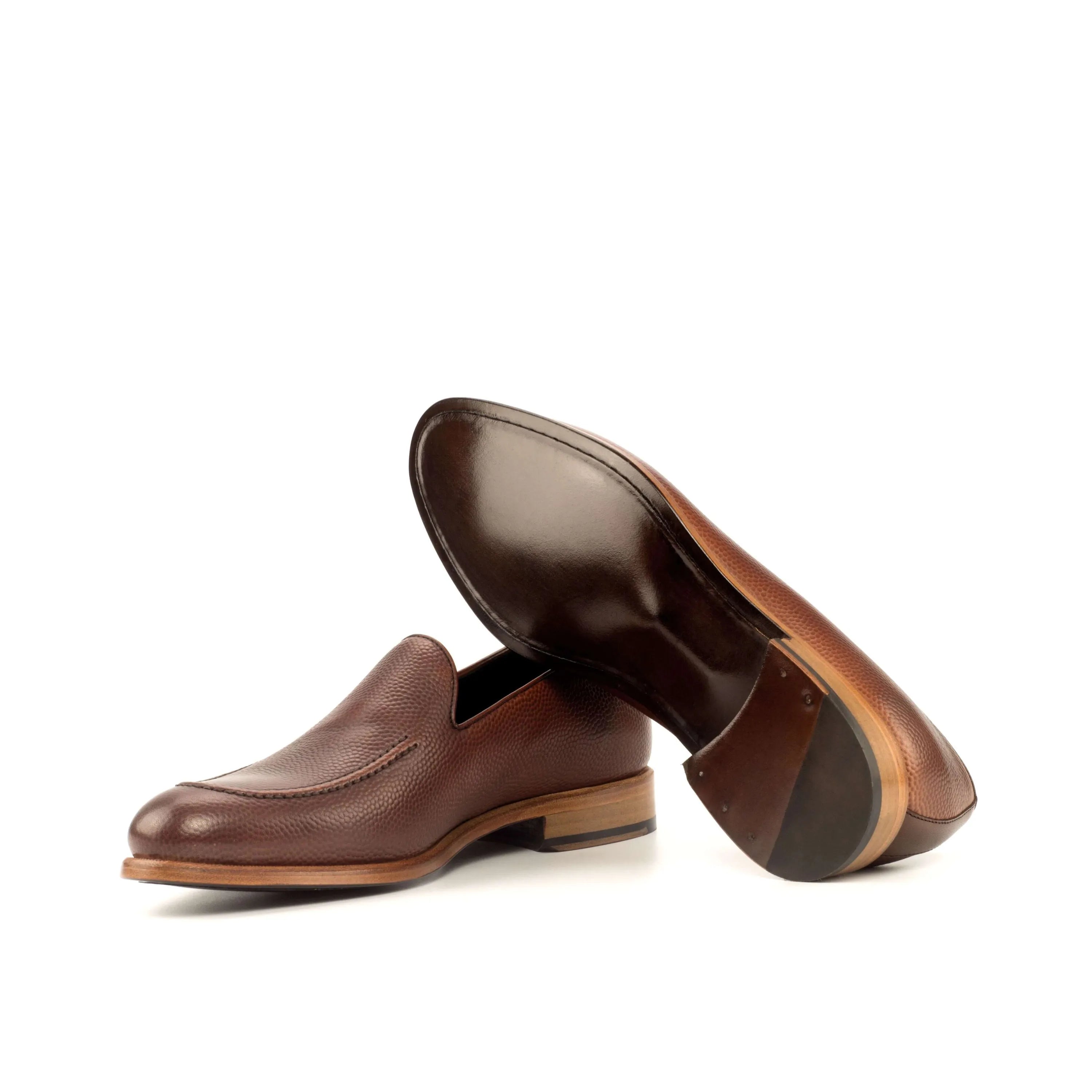 Pair of brown Biyen loafers, luxury bespoke hand-painted patina shoes for men
