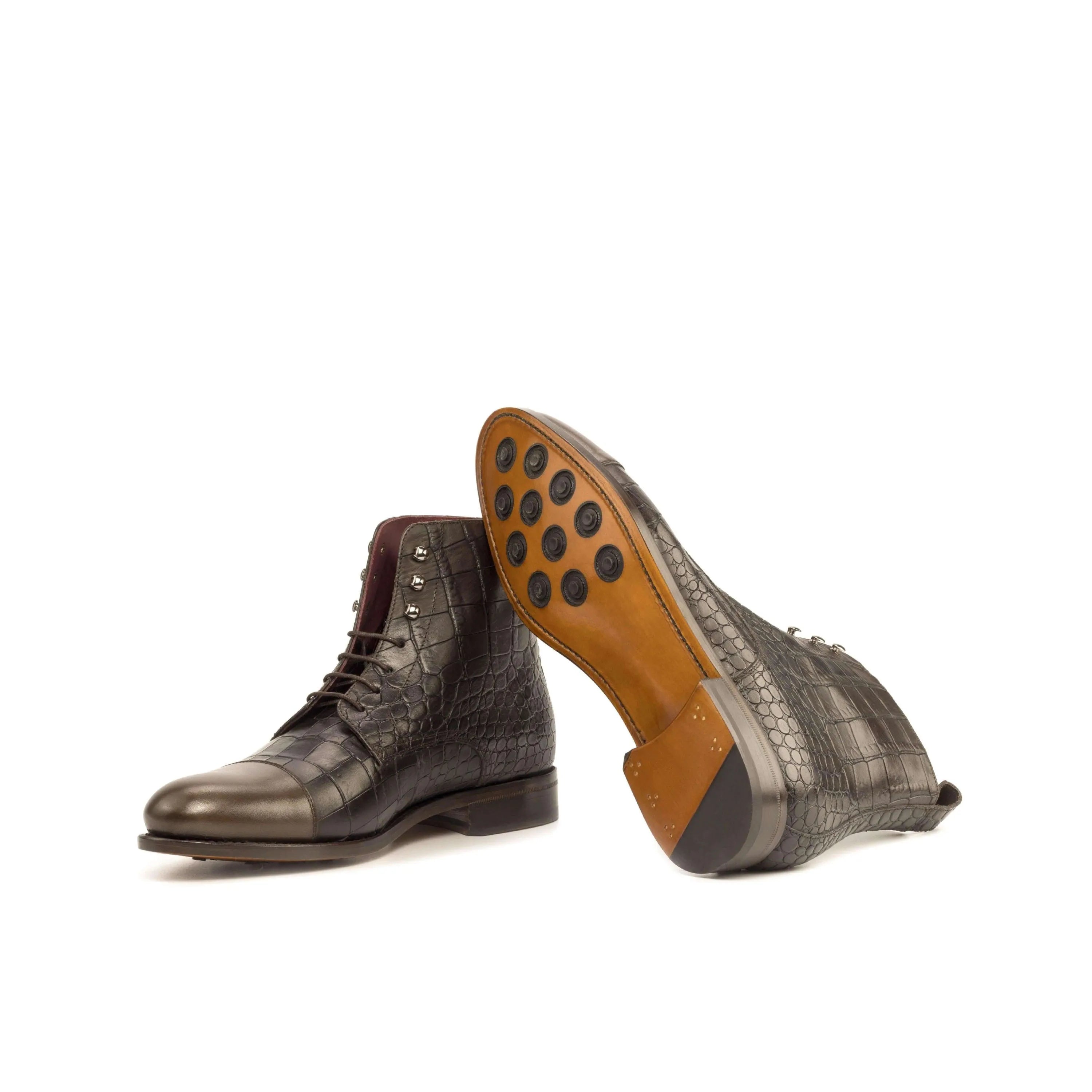 Bobies Jumper Boots in dark brown painted crocodile leather pattern