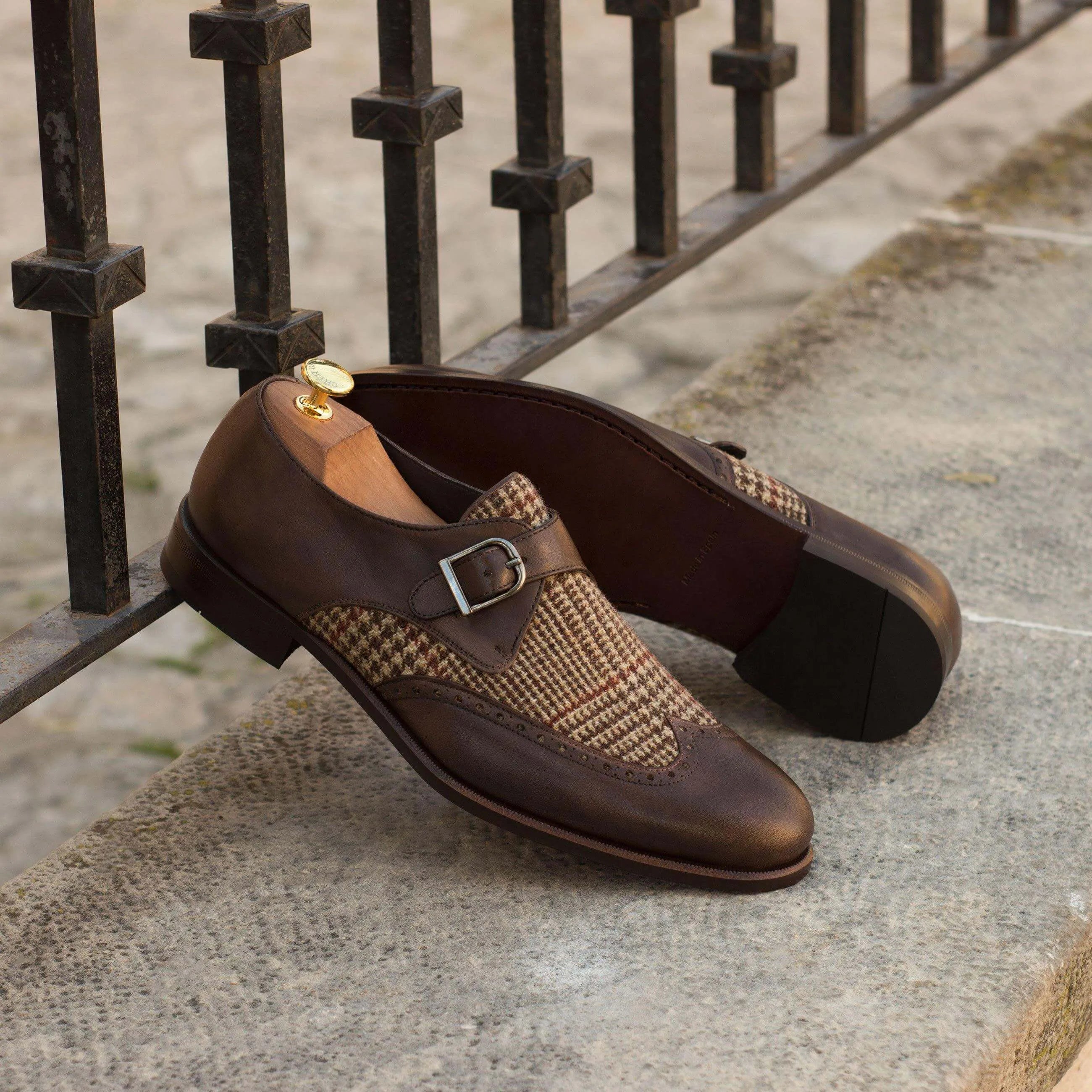 Bodaway single monk shoes II in brown leather tweed with rounded toe