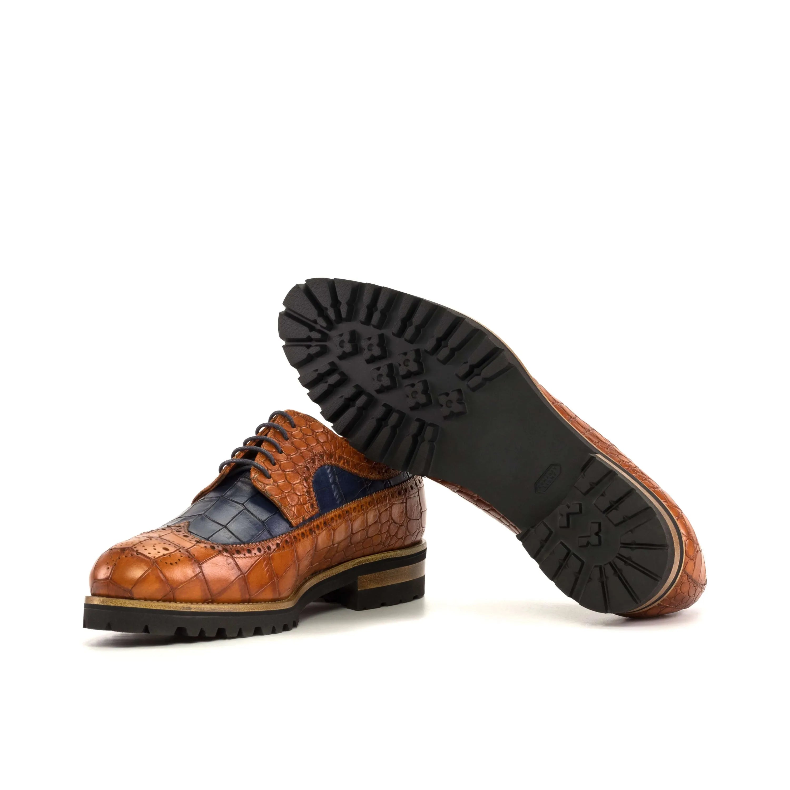 Bornard Longwing Blucher painted croco brown and blue dress shoes