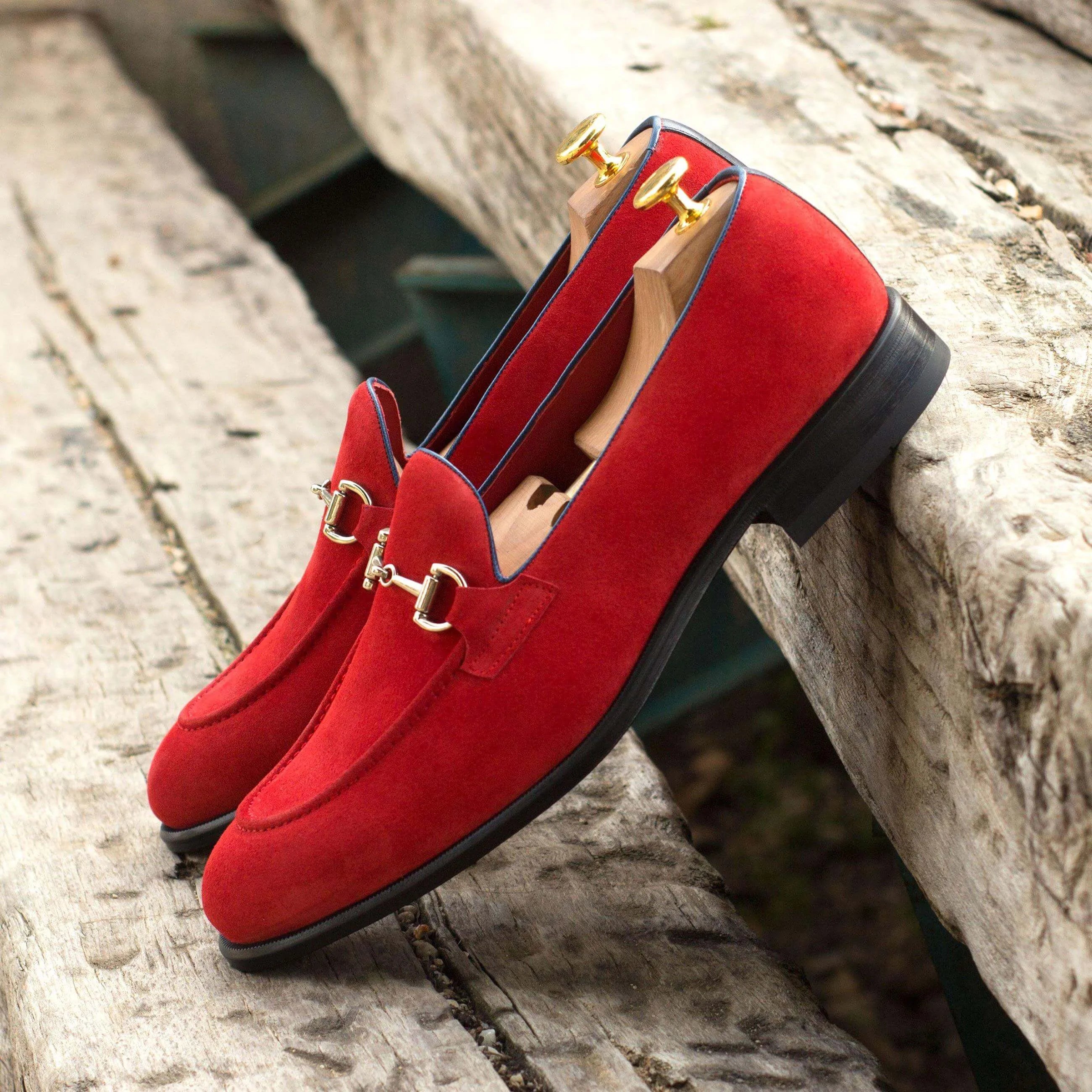 Red Bossy Loafers II suede with gold hardware, luxury bespoke shoes for men