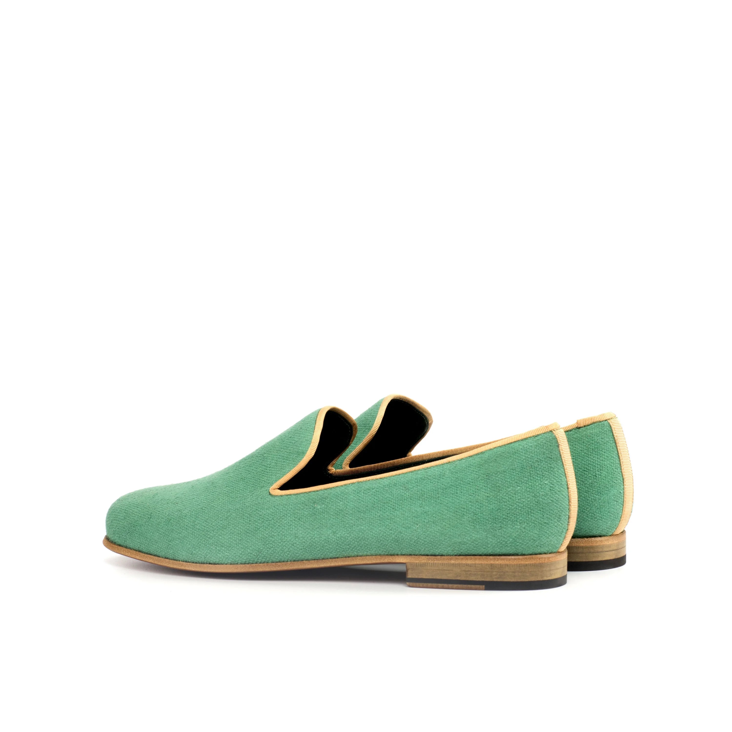 Botanical Wellington Slipon green suede loafers with tan piping