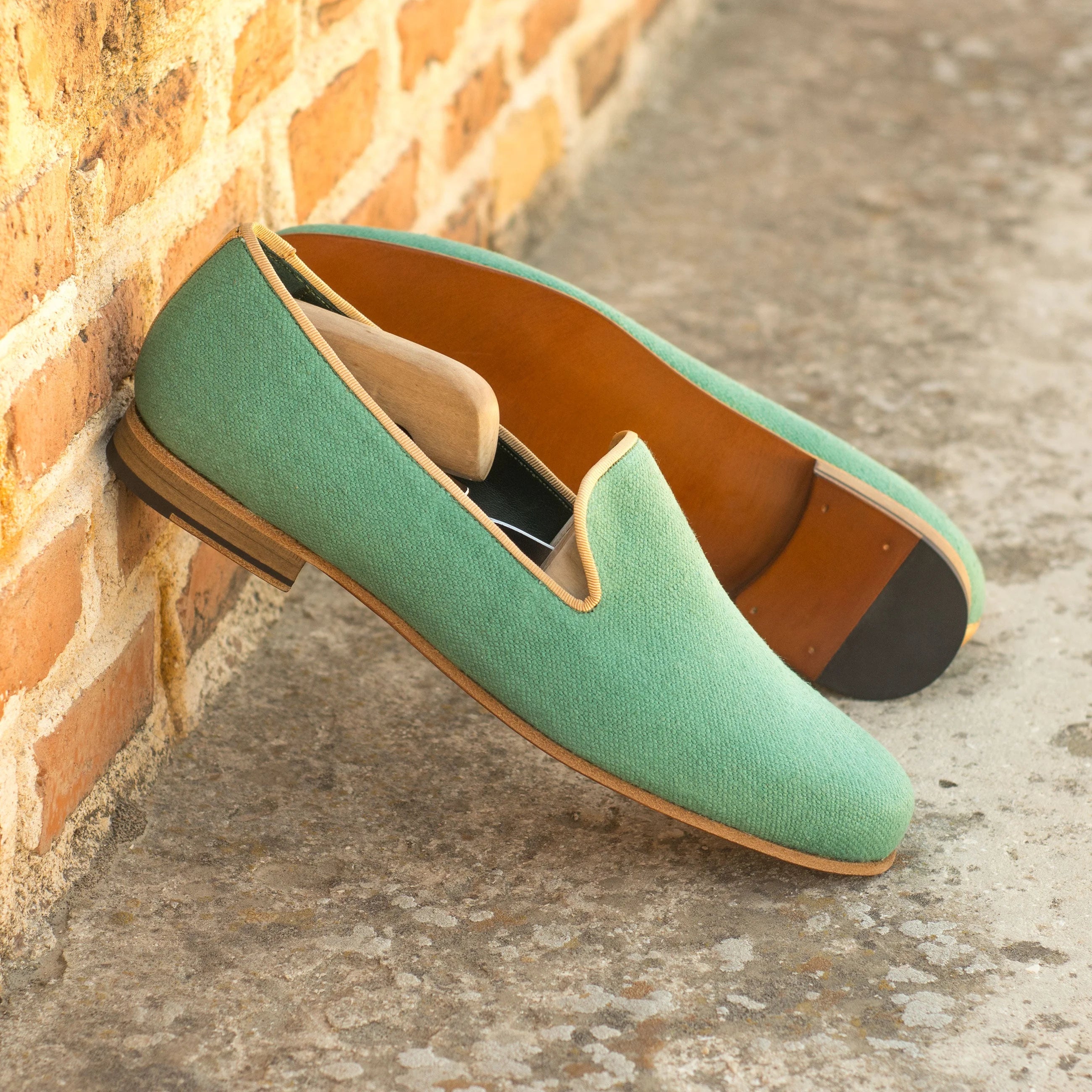 Botanical Wellington Slipon mint green canvas loafers with tan calf leather trim