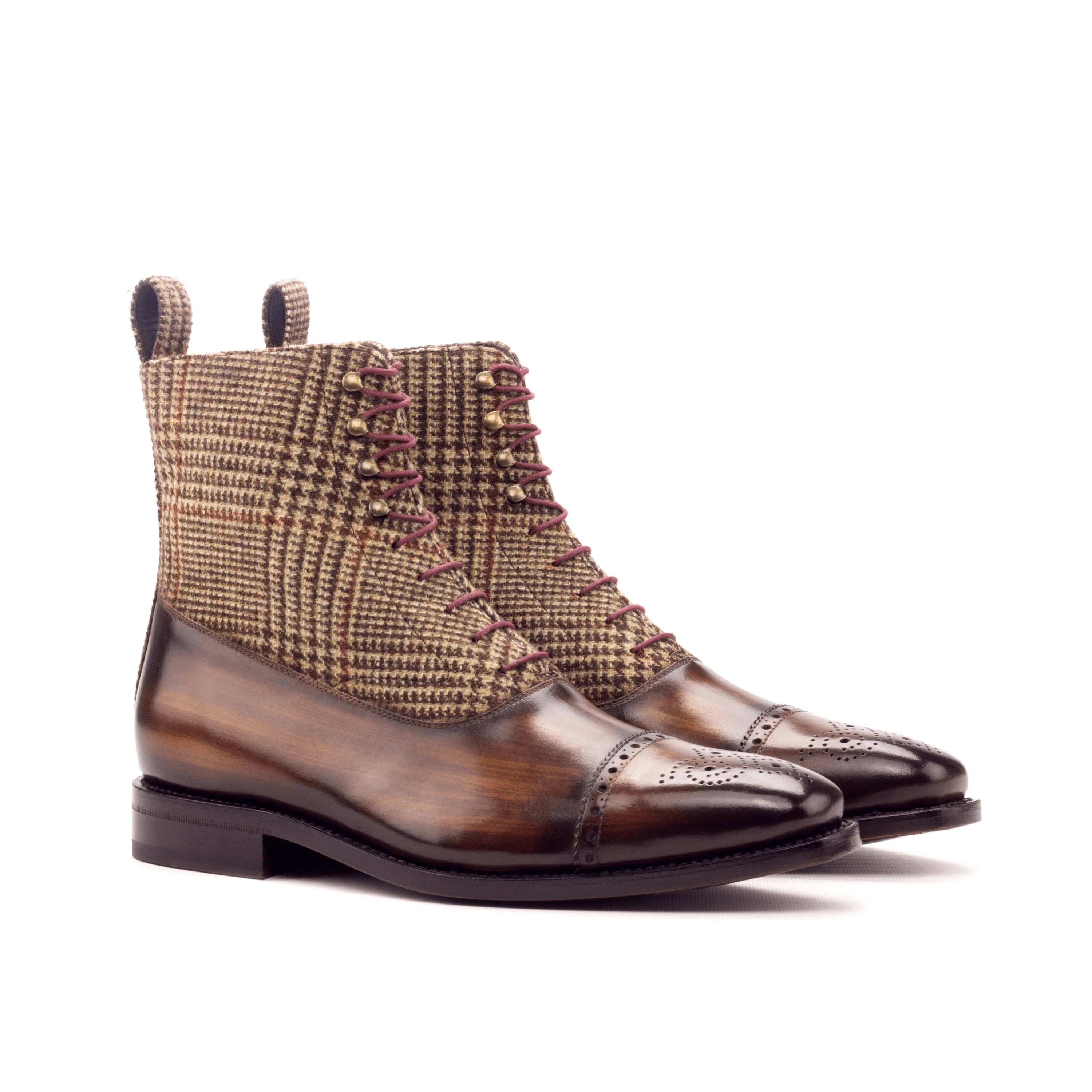 Caine Balmoral Patina boots in brown leather and tweed lace-up design