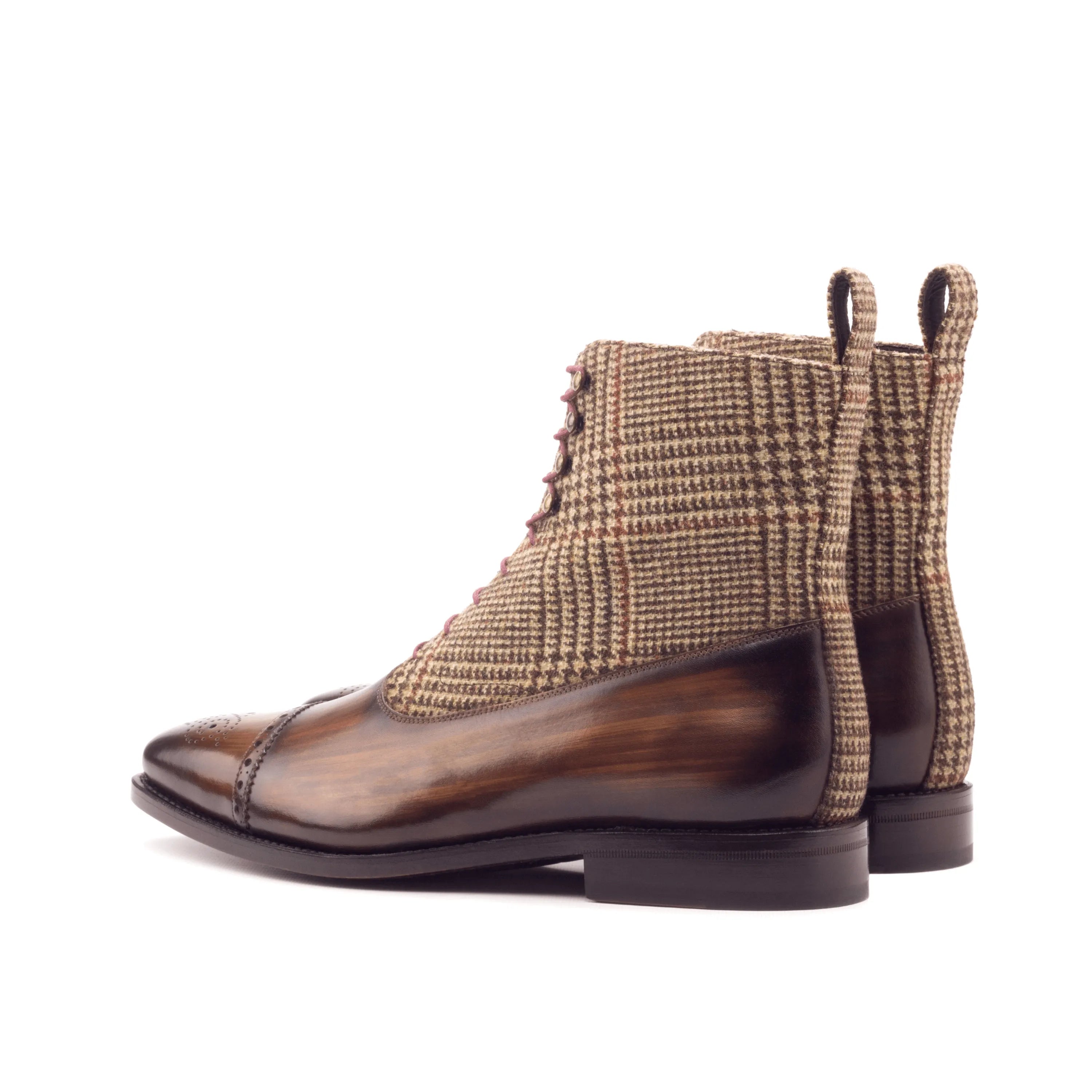 Caine Balmoral Patina Boots in brown leather and tweed lace-up design