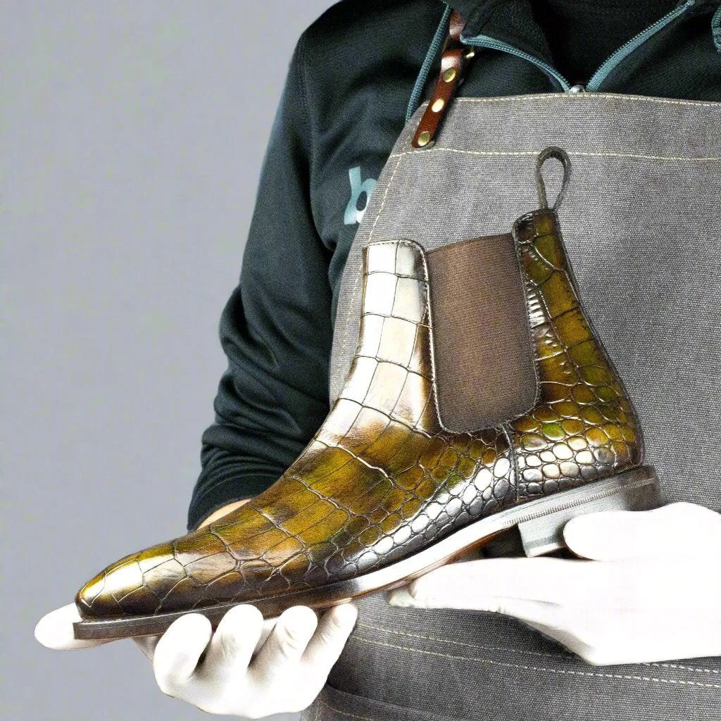 Cairo patina Chelsea boots in olive-green crocodile pattern