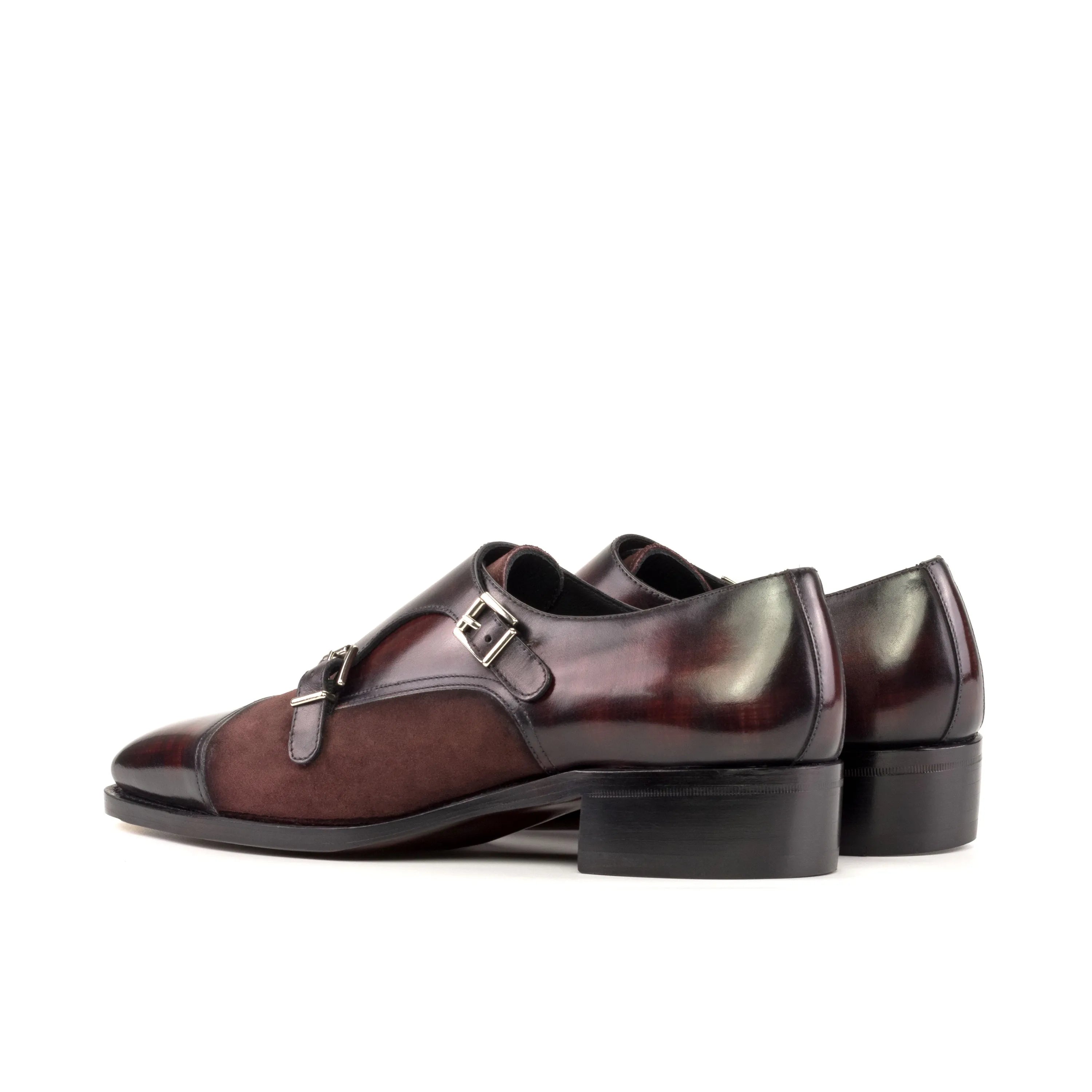Calvary double monk patina burgundy leather shoes back view