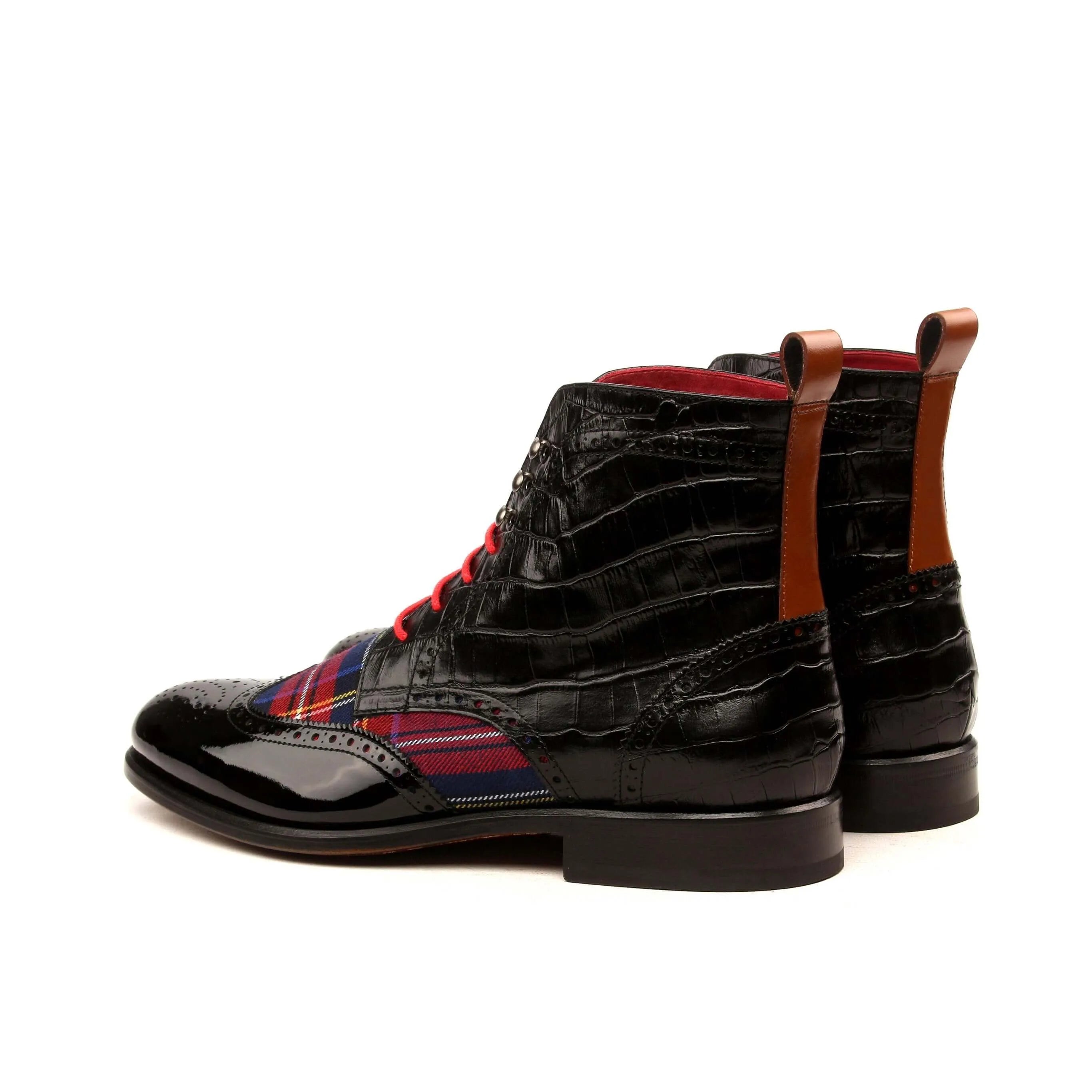 Catu military brogue boots in black leather and plaid lace-up design