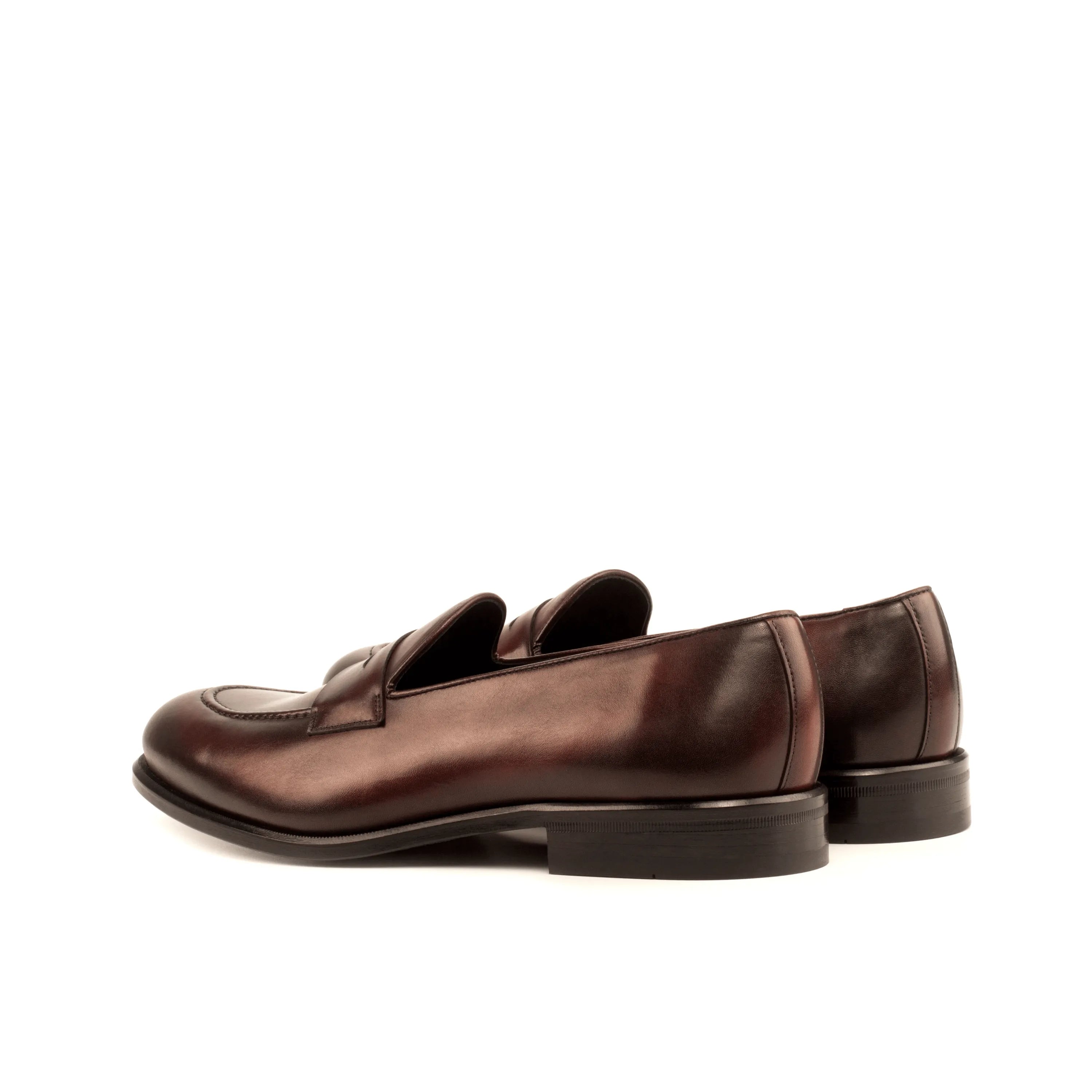 Pair of Cayuga loafers in brown leather patina, luxury bespoke shoes for men