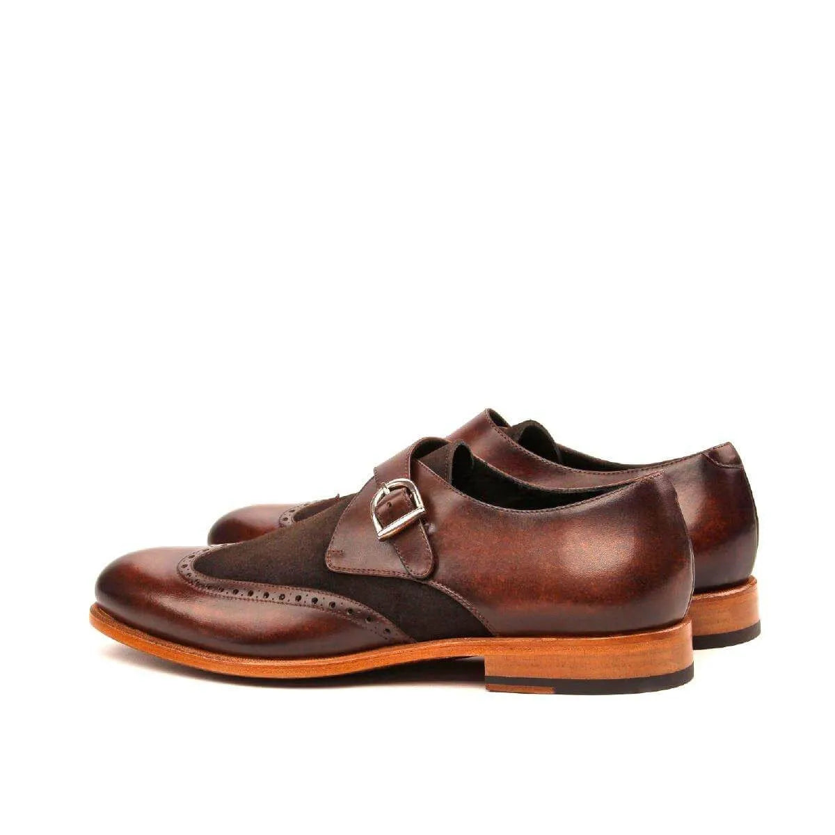 Chaz single monk patina shoes in brown leather back view