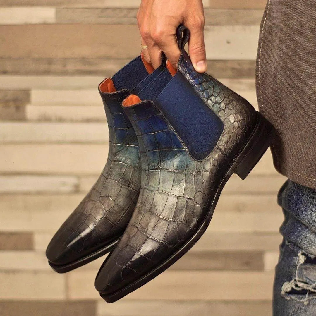 Cina Patina Chelsea boots in Amazona patina with alligator-skin texture