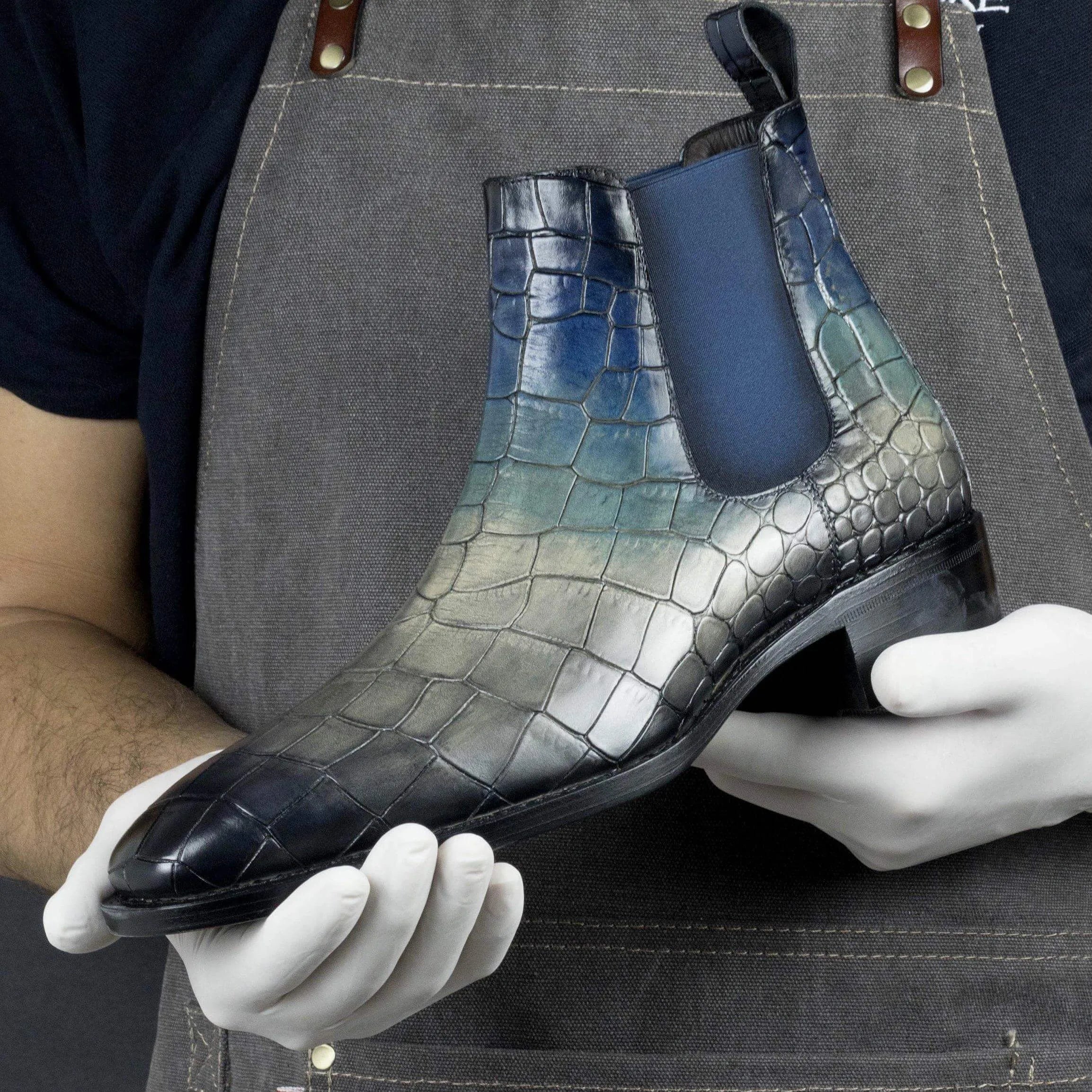 Blue and gray crocodile patina Chelsea boots, Cina Patina model