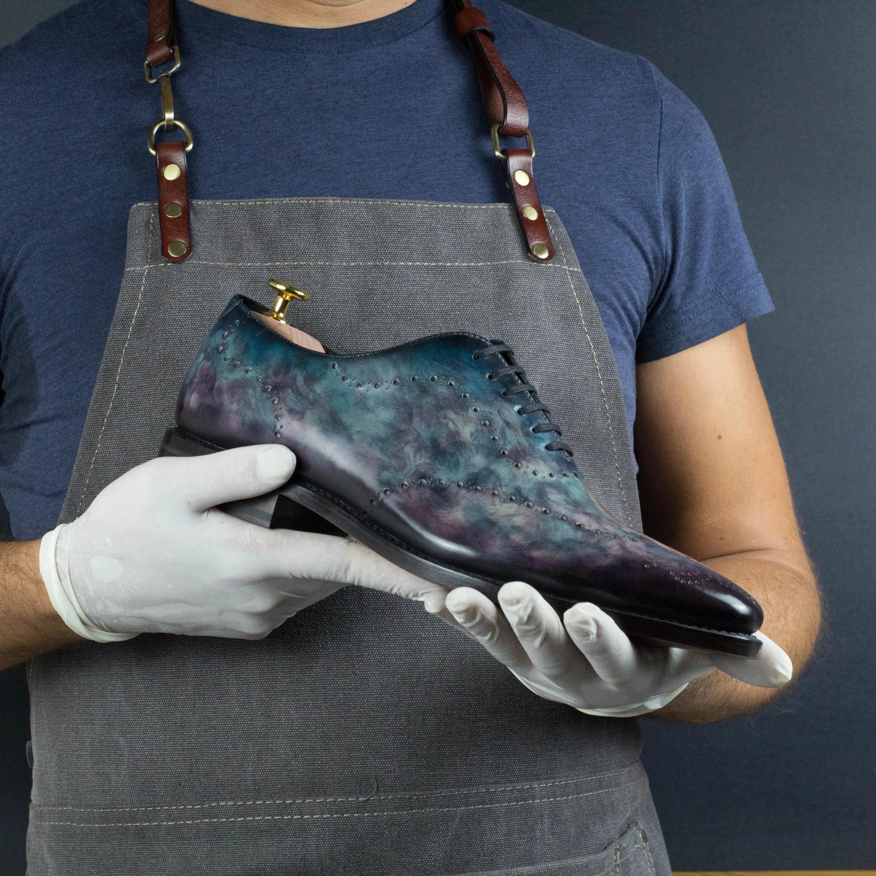 Cygnus patina wholecut hand-held blue purple leather dress shoe