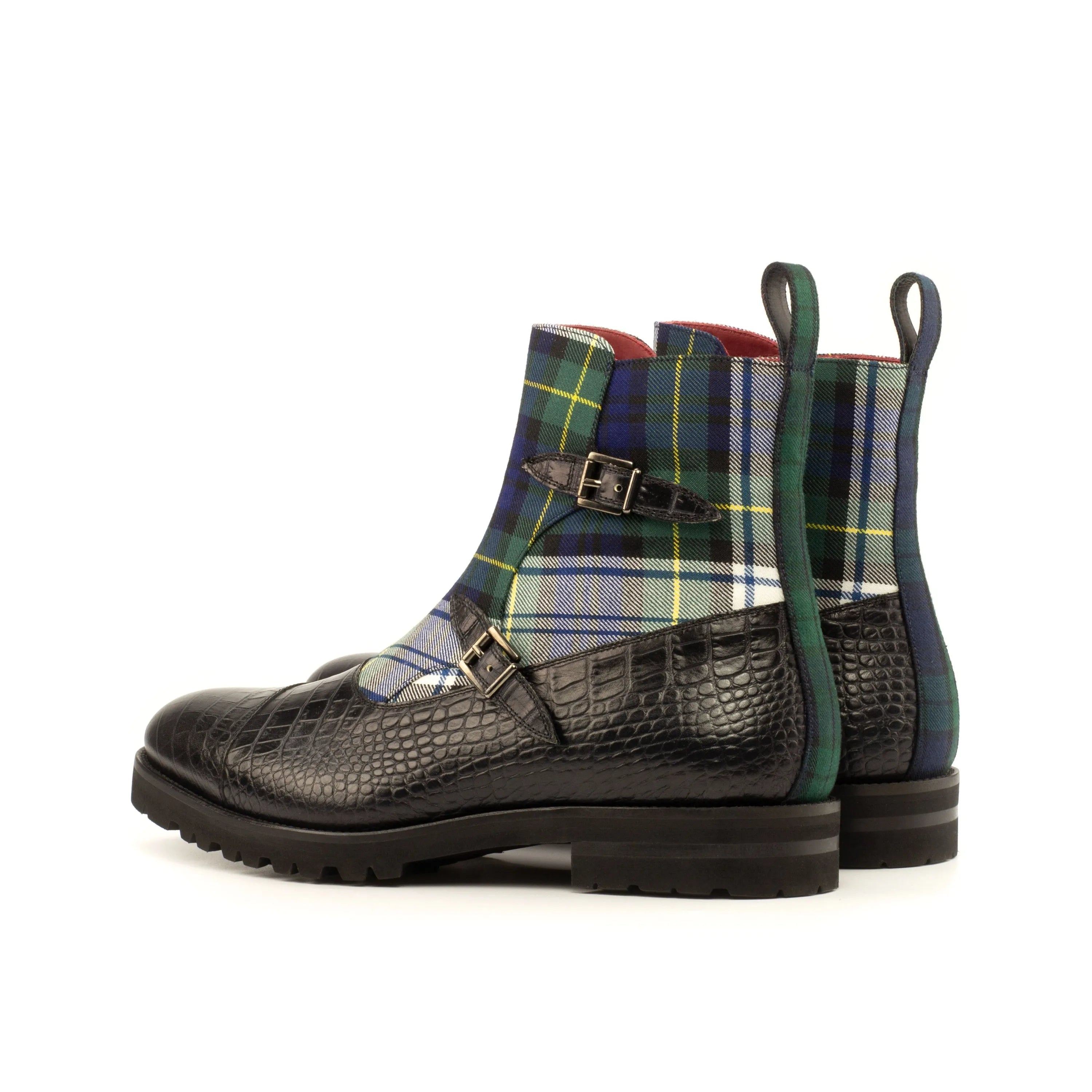 Dakehl Octavian boots in black crocodile and plaid ankle style