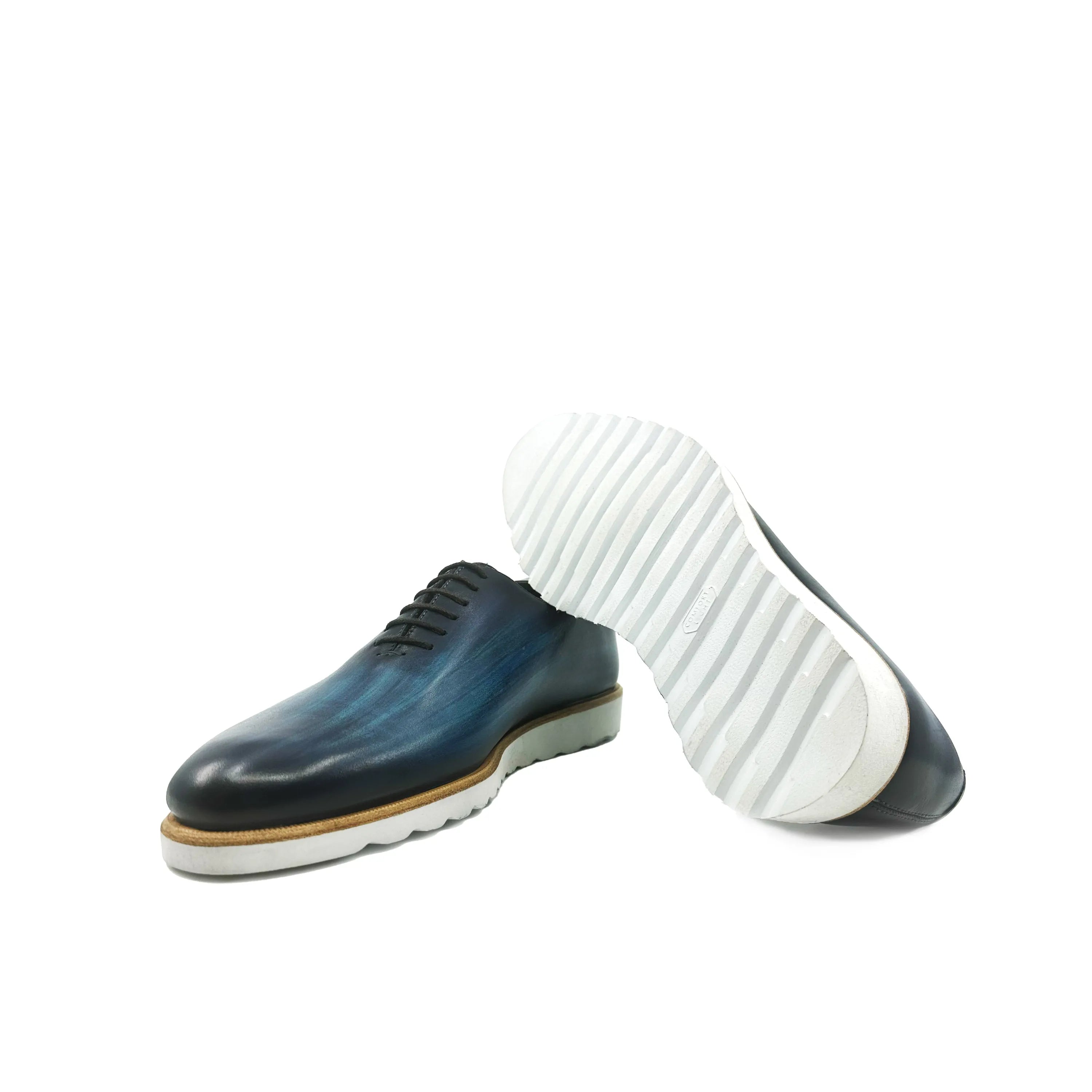 Danny Patina Wholecut blue leather dress shoes with white soles