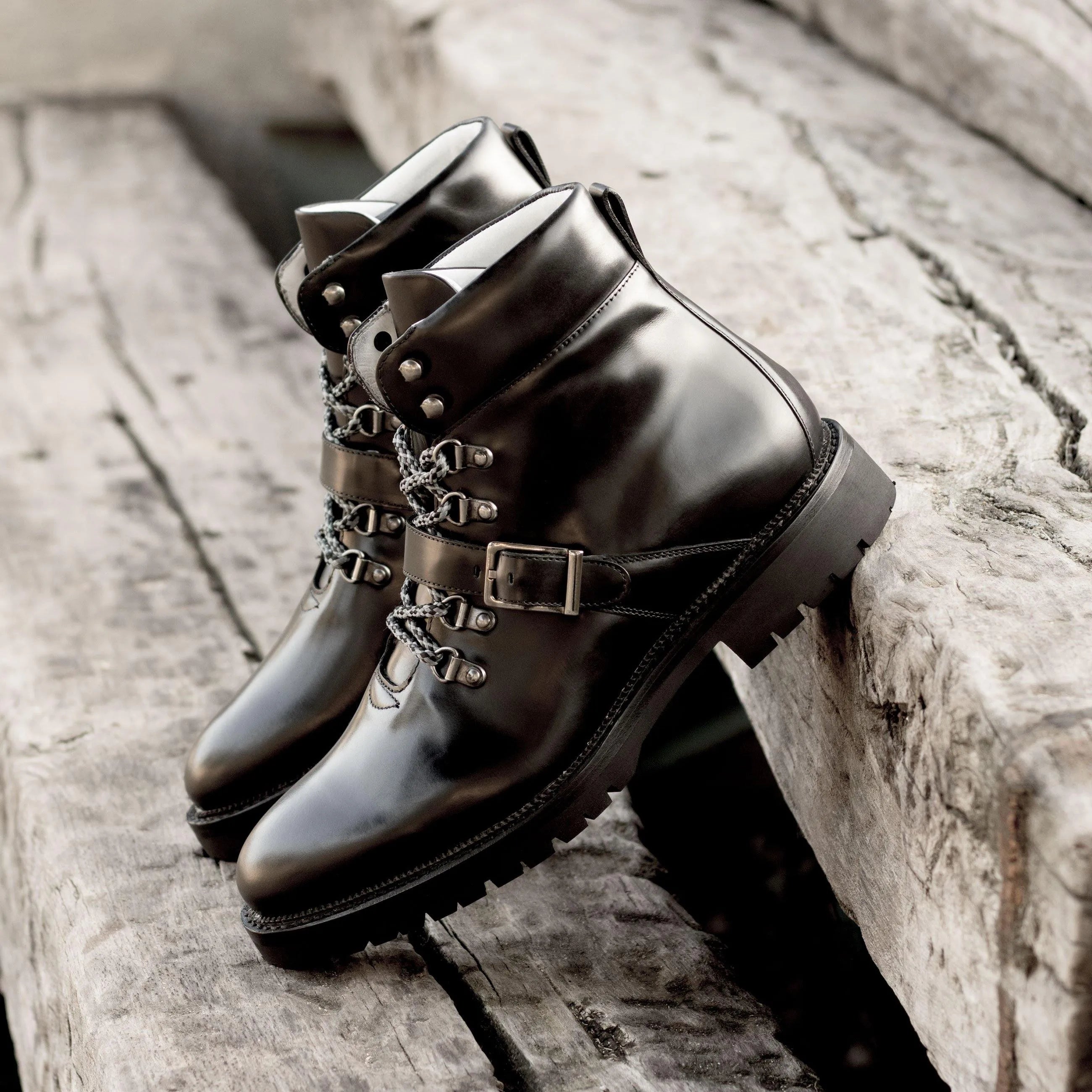 Pair of black leather Denali hiking boots