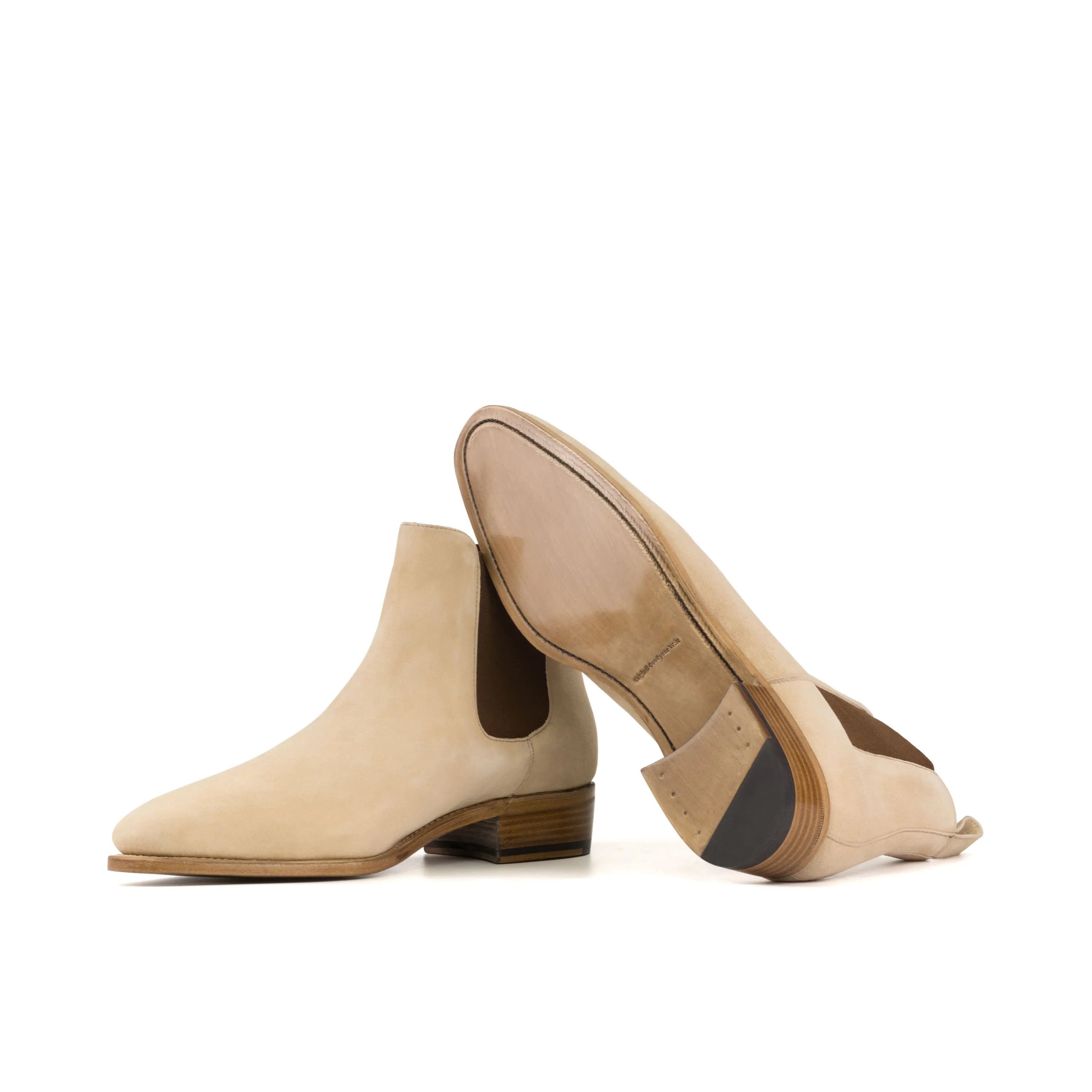 Deneb Chelsea Boots II in taupe kid suede with natural Goodyear welt