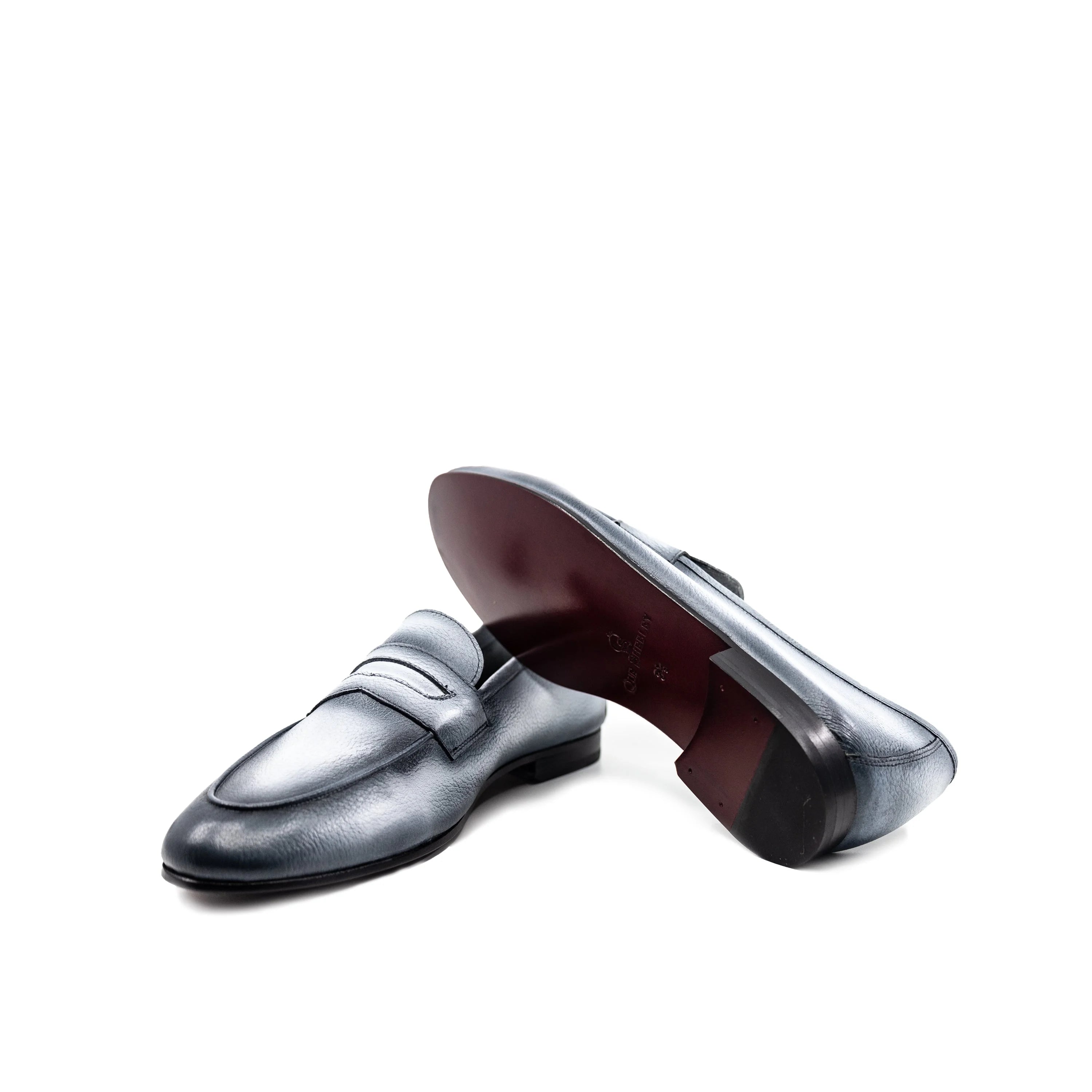 Dymo Flex Slip silver penny loafer with flexible rubber sole, leather material