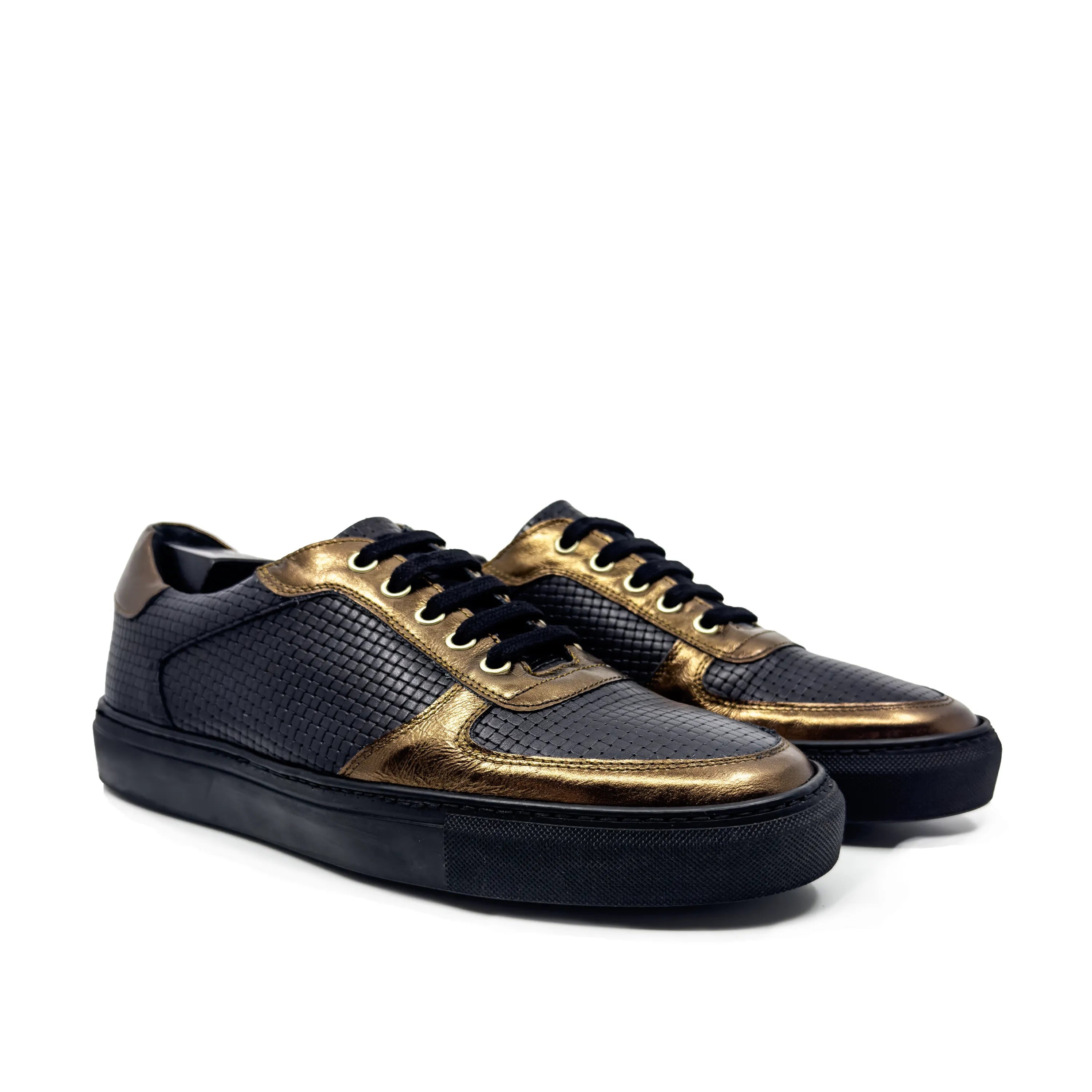 Black and gold Empyr Low cupsole trainer sneaker back view