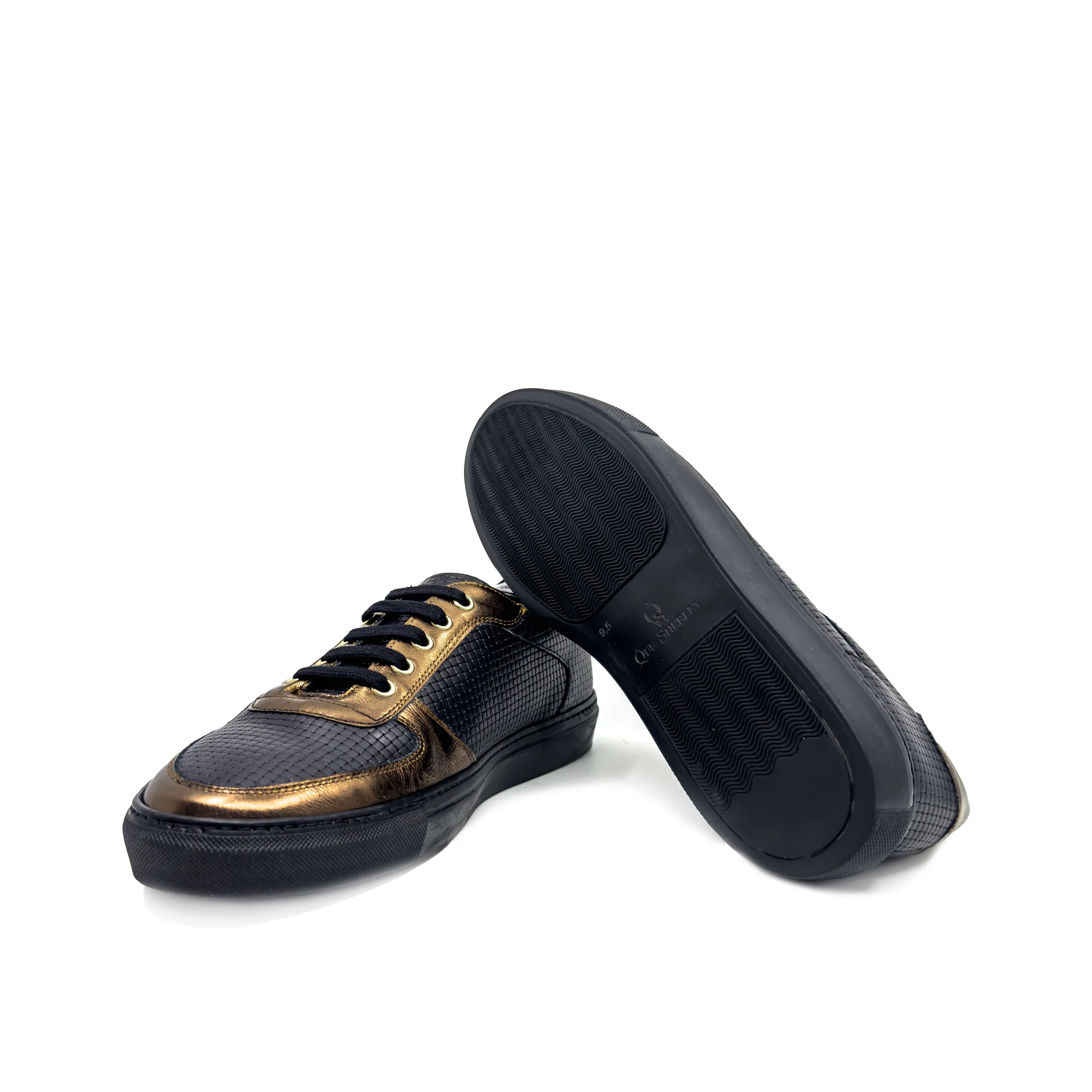 Black and gold Empyr Low cupsole trainer sneaker back view