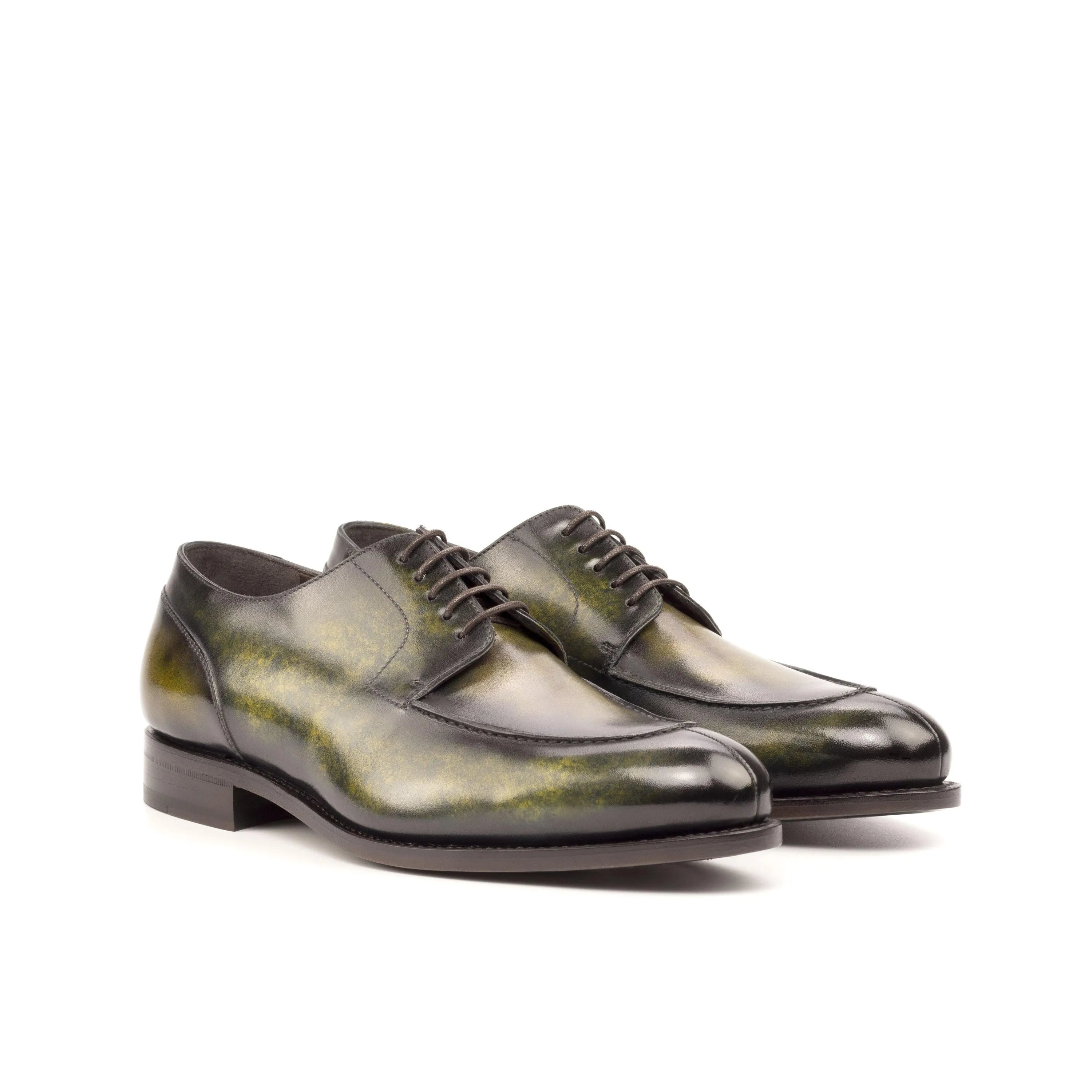 Fabien derby split toe patina shoes in green leather