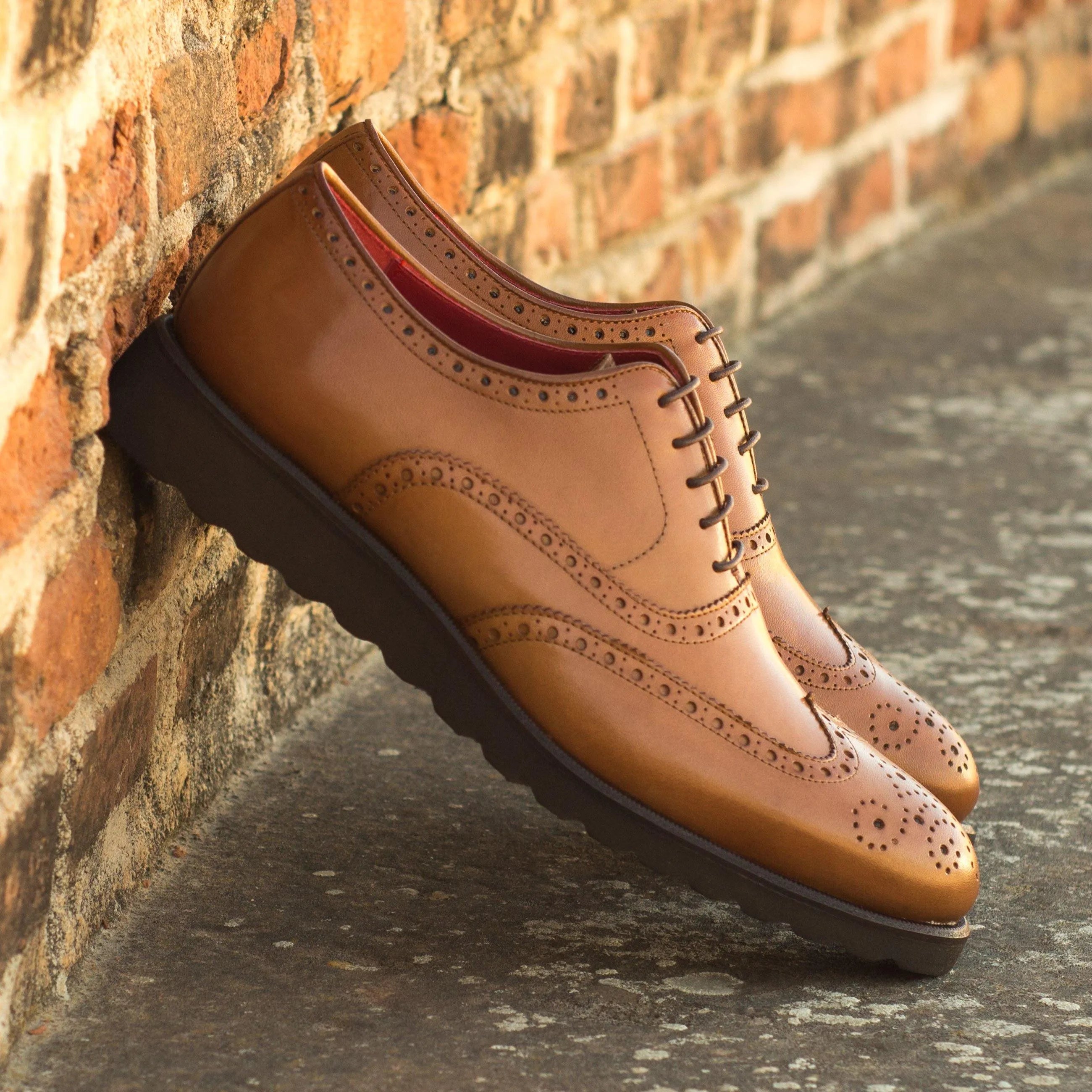FB02 Full Brogue II tan leather wingtip shoes with rounded toe