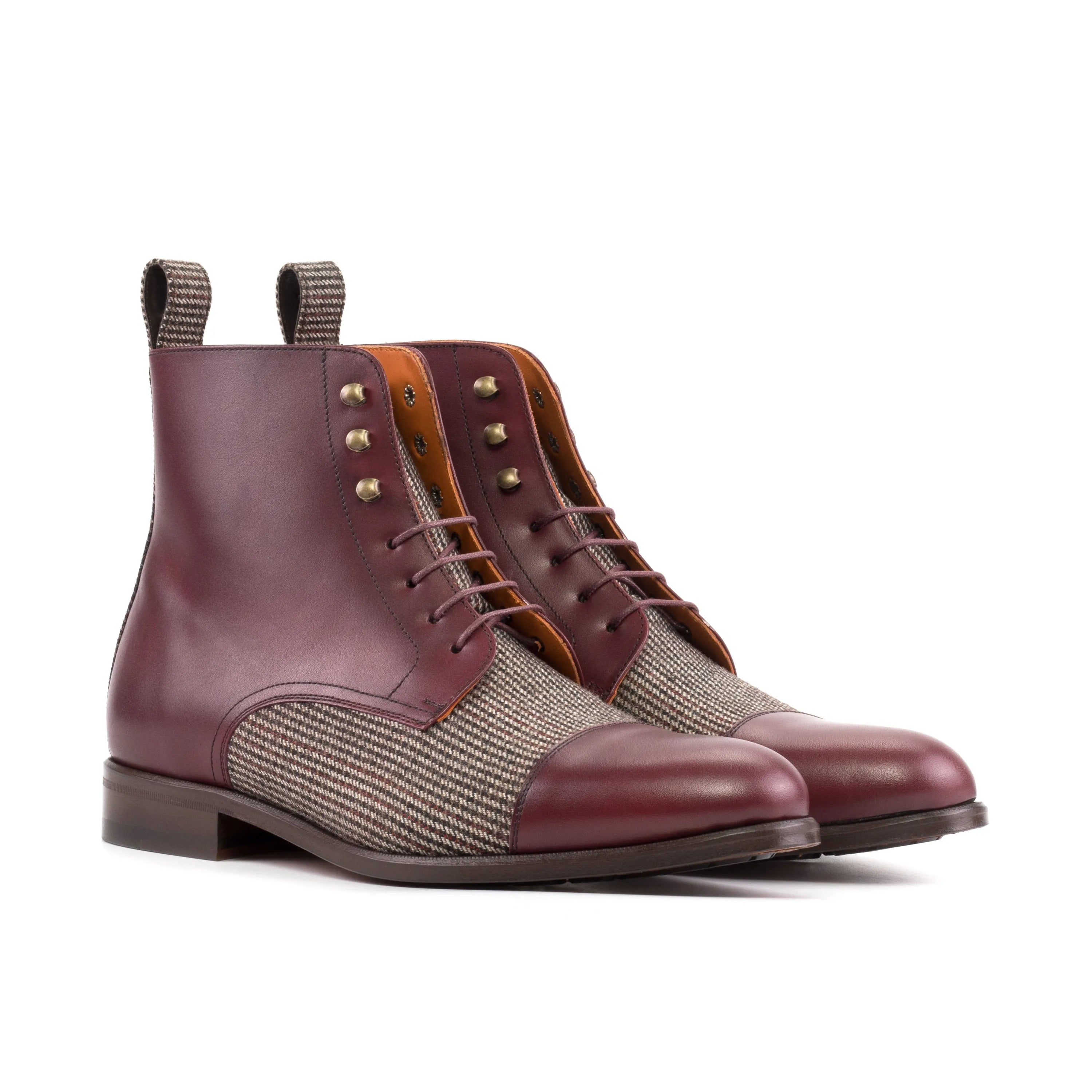 Fenrir jumper boots in burgundy leather and tweed