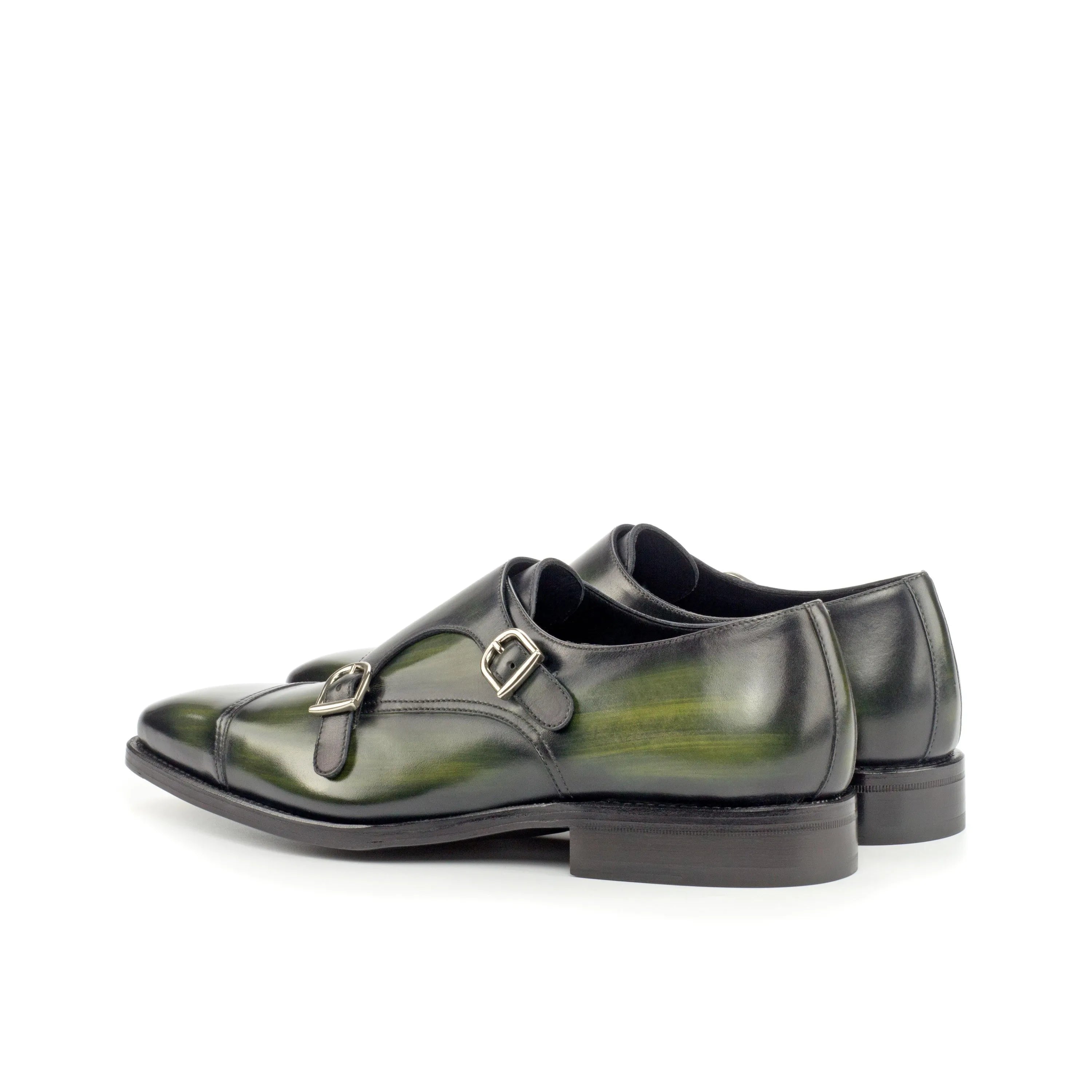Fernando double monk patina green leather shoes back view