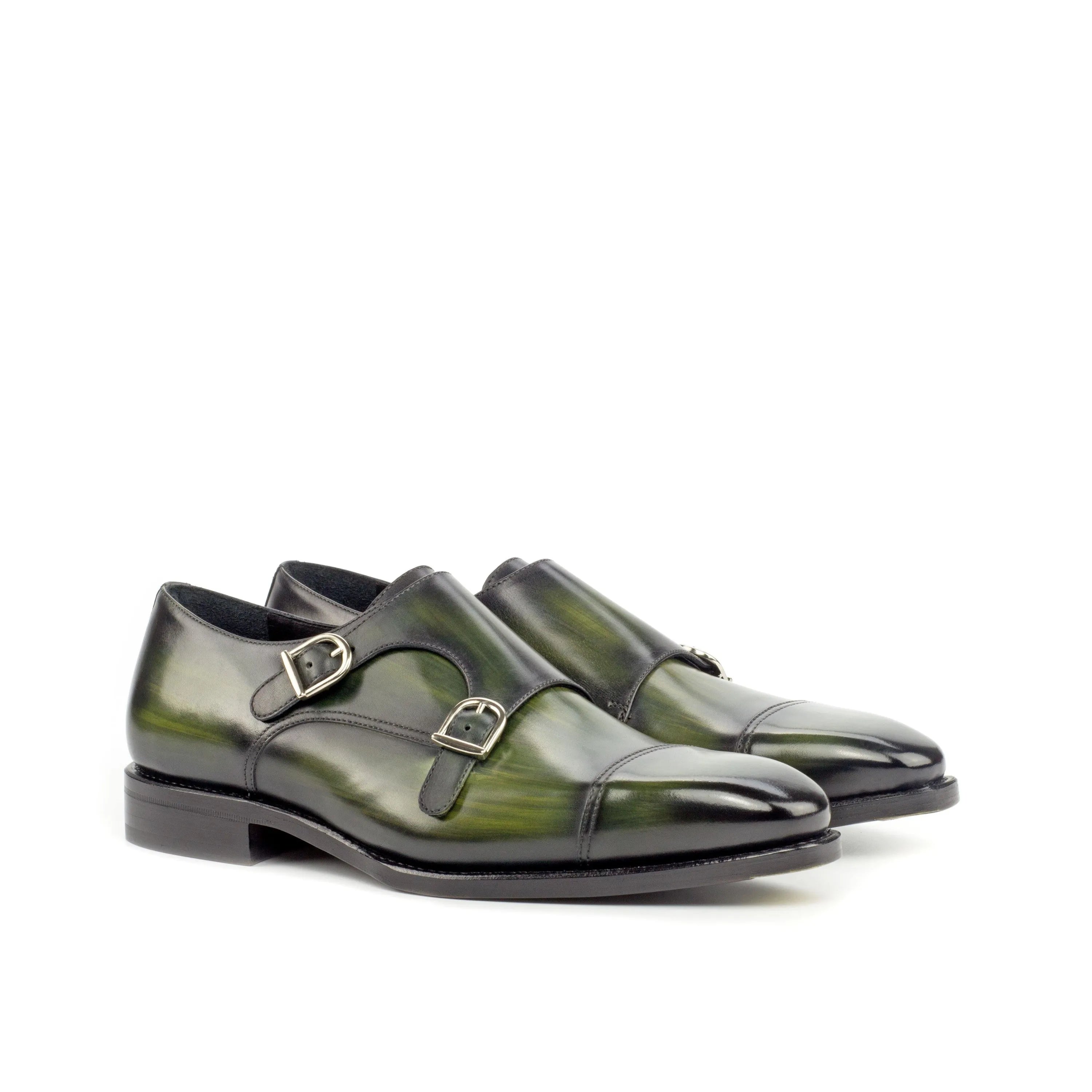 Fernando double monk patina green leather shoes back view
