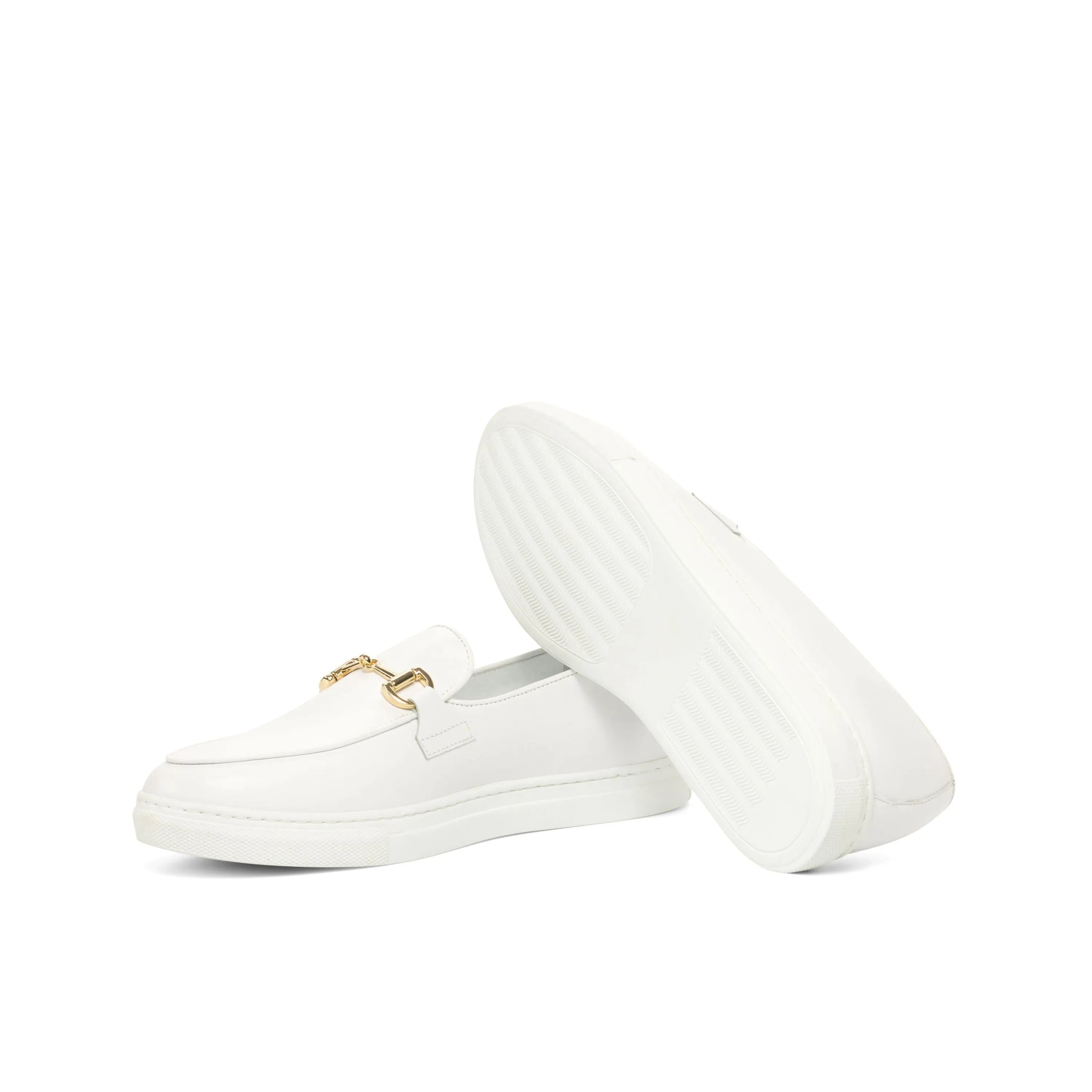 White Frais Belgian sneaker loafers with gold buckle