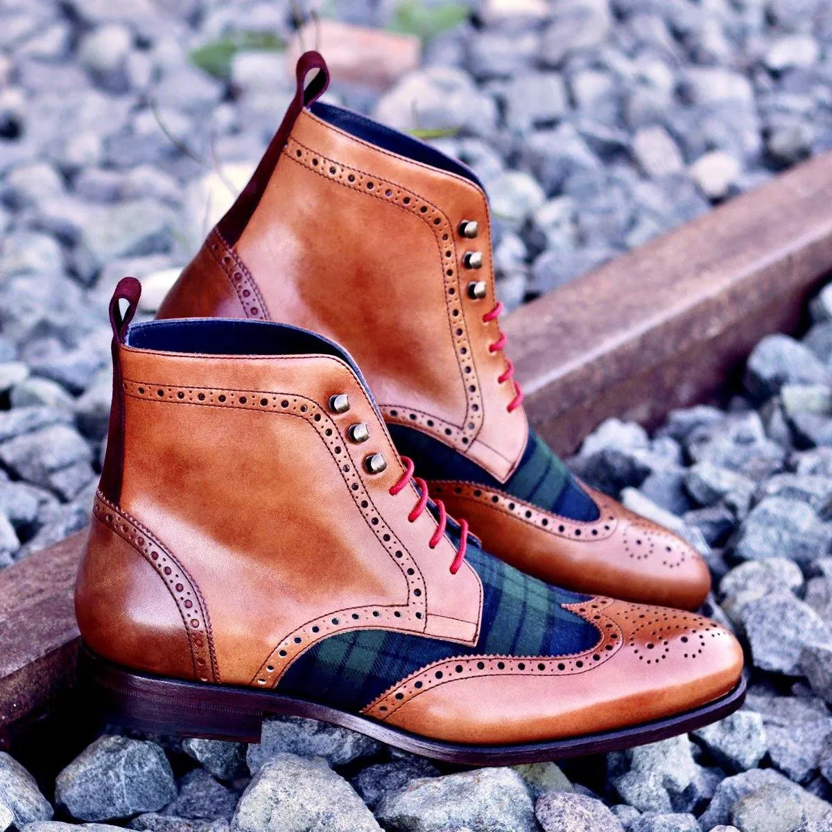 Franko Military Brogue Boots in leather plaid painted calf wingtip design