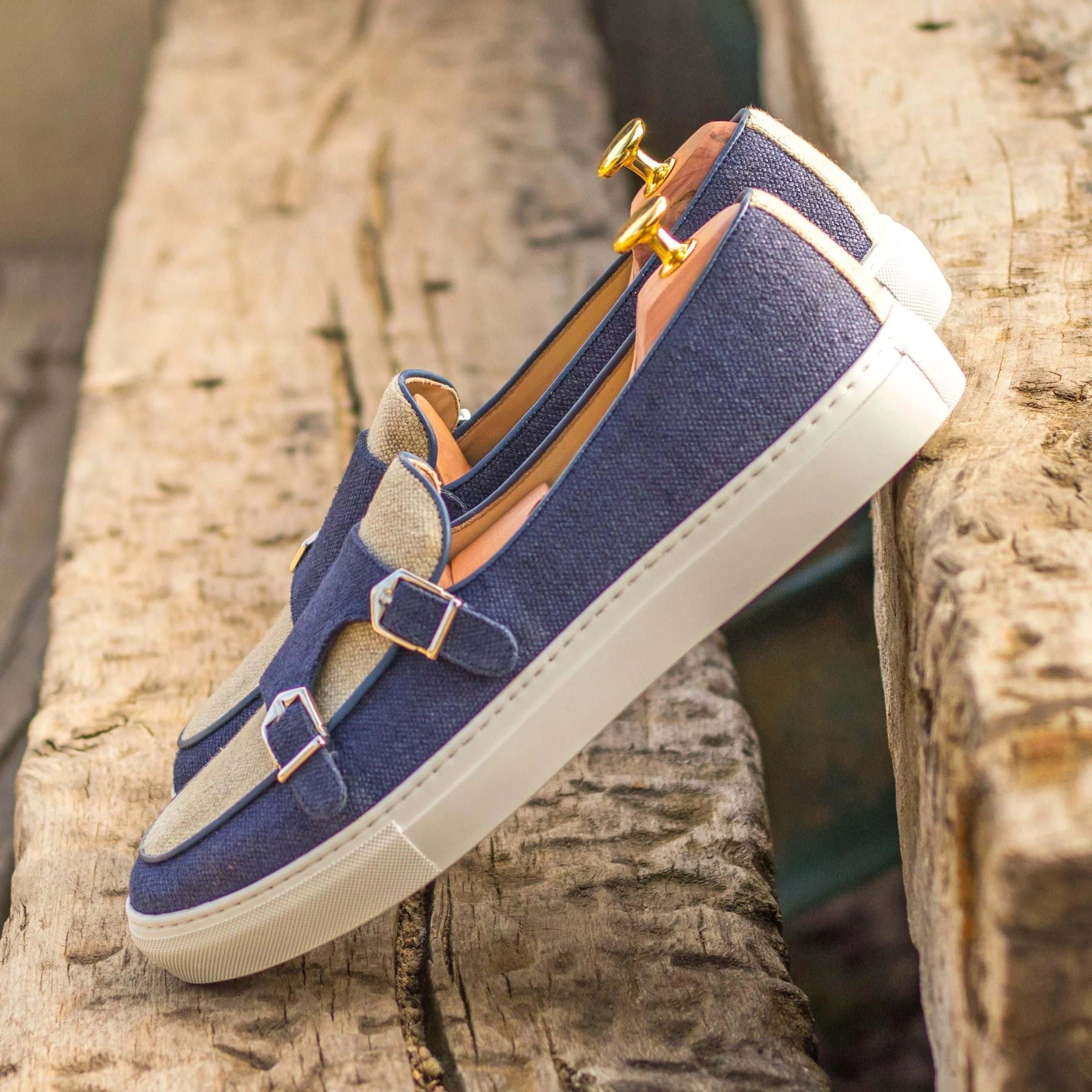 Fridays monk sneaker: blue canvas double monk strap sneakers