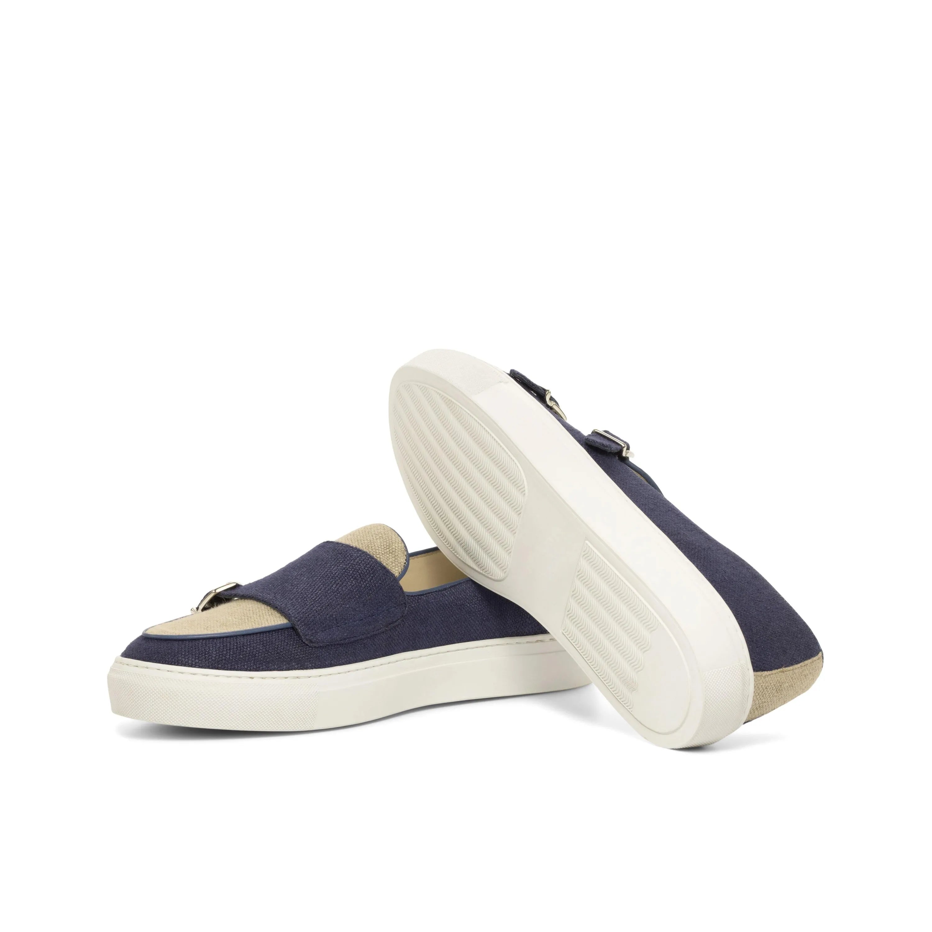 Fridays monk sneaker in navy and beige monk strap design