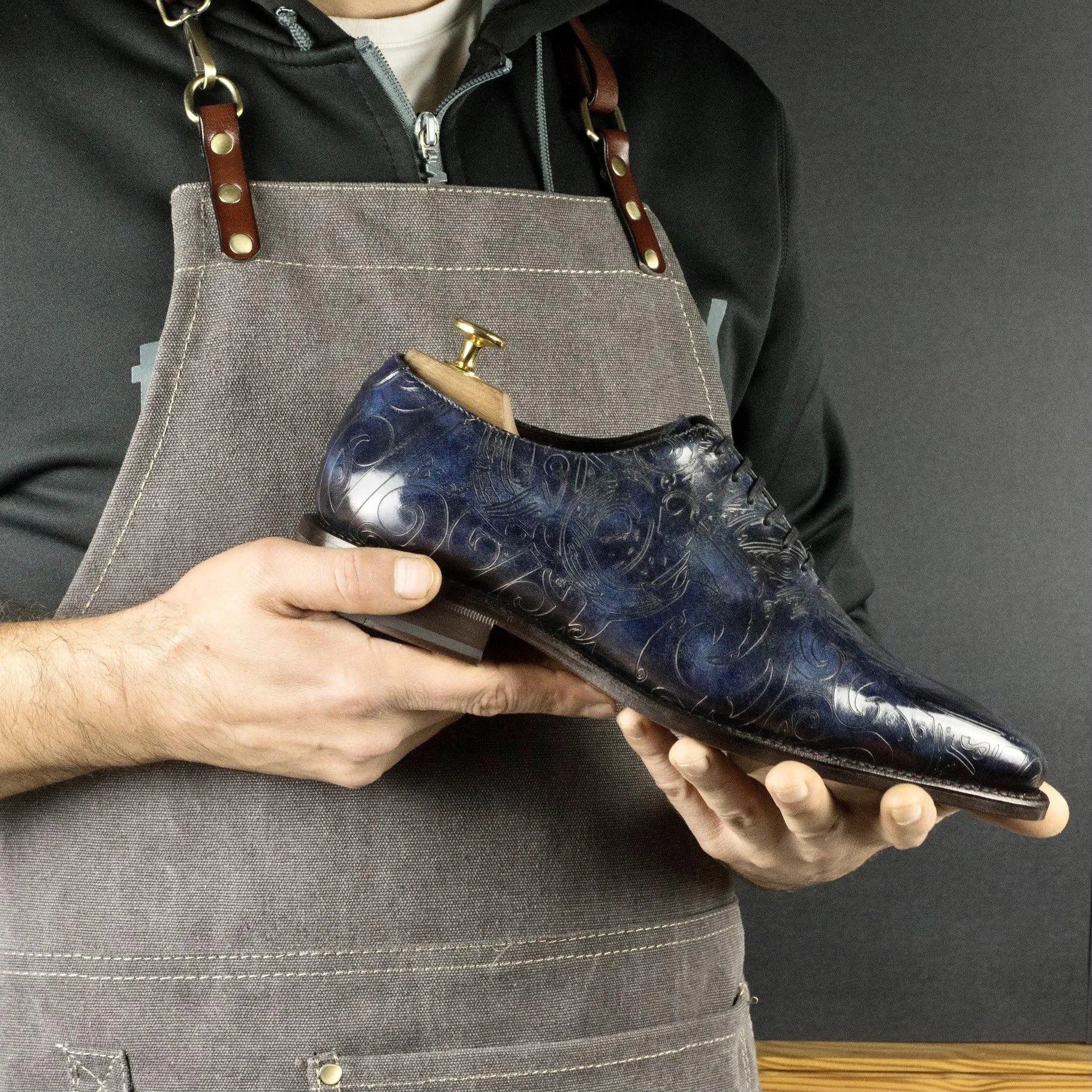 Galaxia ocean patina wholecut blue patterned leather dress shoe