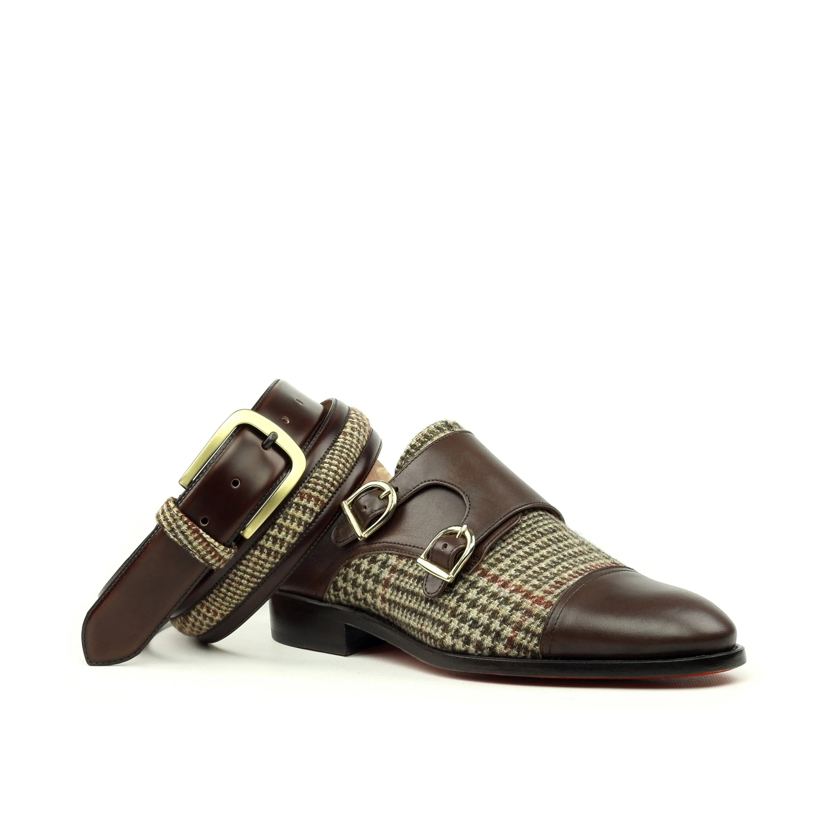 Gano Venice belt matching brown leather tweed monk strap shoe