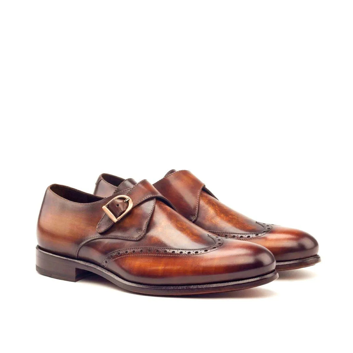Givio single monk patina shoes in brown leather monk strap design