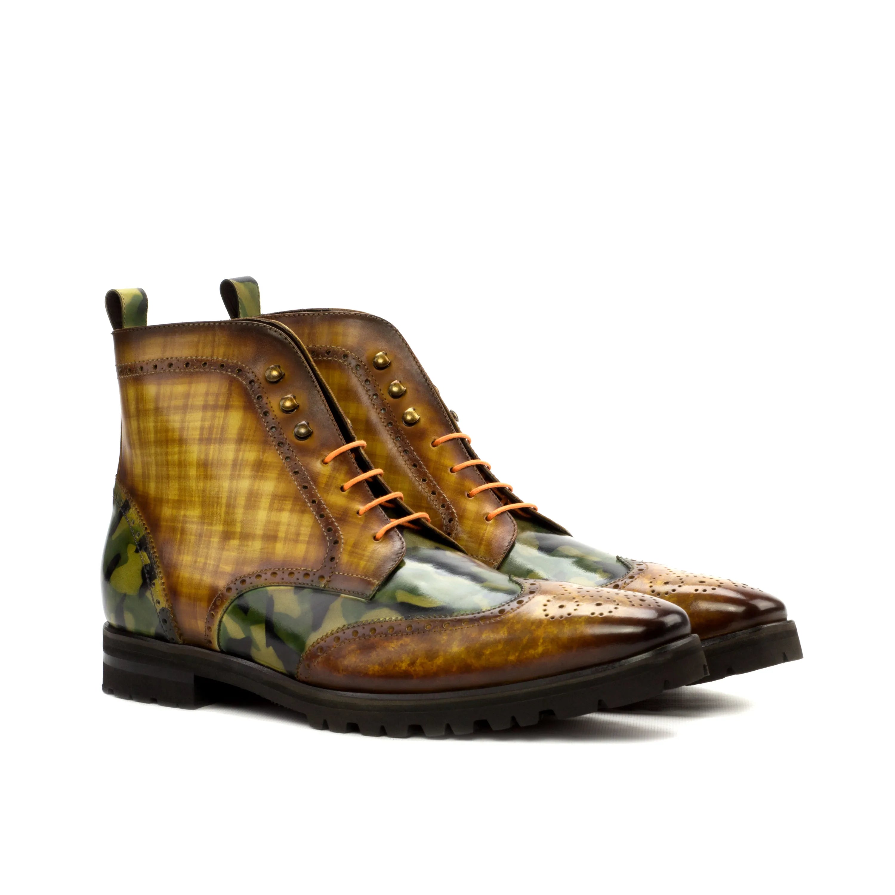 Goodlife military brogue boots in camouflage leather wingtip design